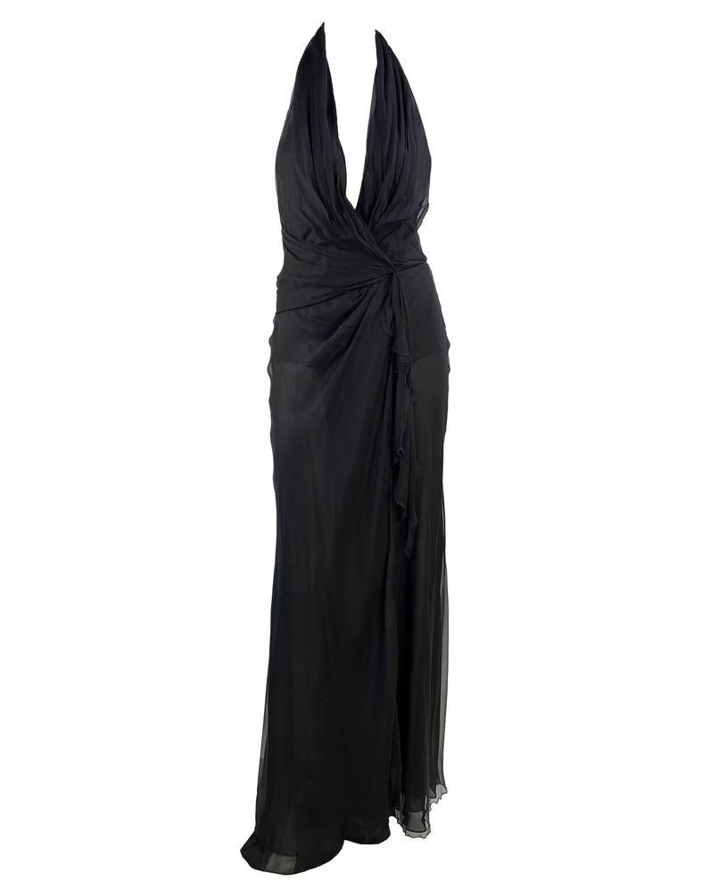 2000s Gianni Versace by Donatella Halter Neck Bias Cut Sheer Black Chiffon Gown In Excellent Condition For Sale In West Hollywood, CA