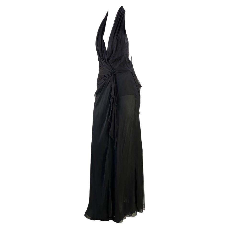 2000s Gianni Versace by Donatella Halter Neck Bias Cut Sheer Black Chiffon Gown For Sale