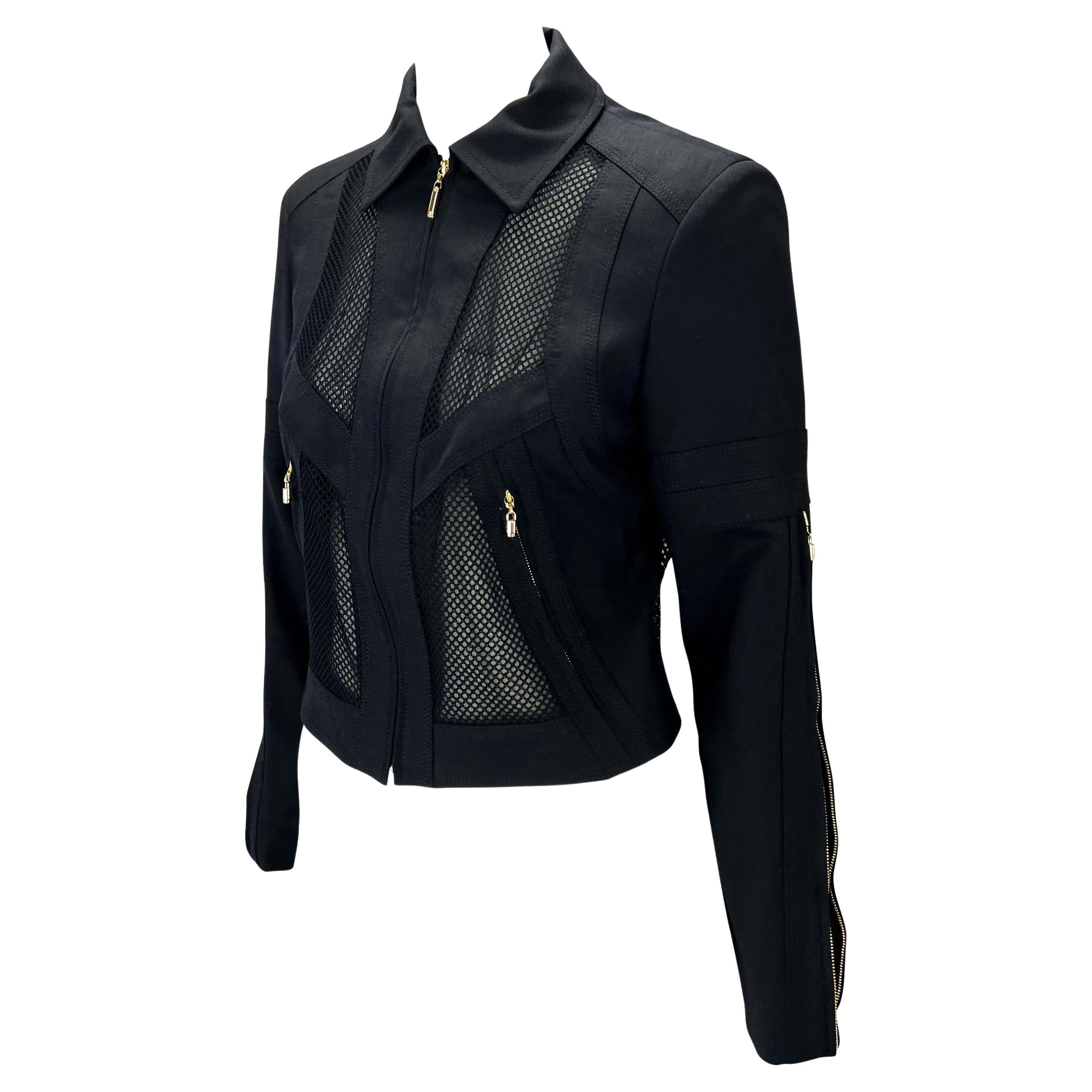 S/S 2002 Gianni Versace by Donatella Mesh Panel Sheer Black Zip Medusa Jacket In Excellent Condition For Sale In West Hollywood, CA