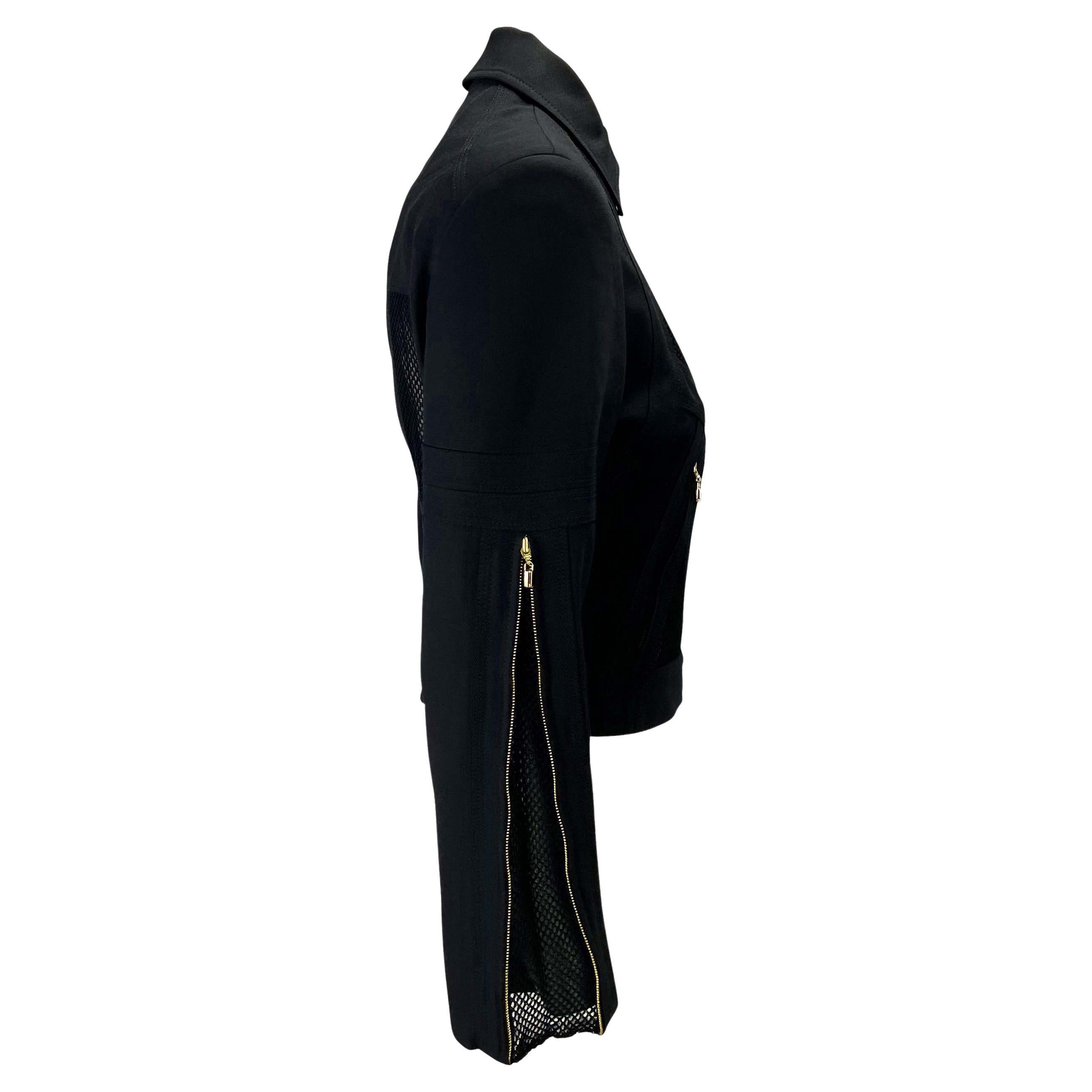 S/S 2002 Gianni Versace by Donatella Mesh Panel Sheer Black Zip Medusa Jacket For Sale 3