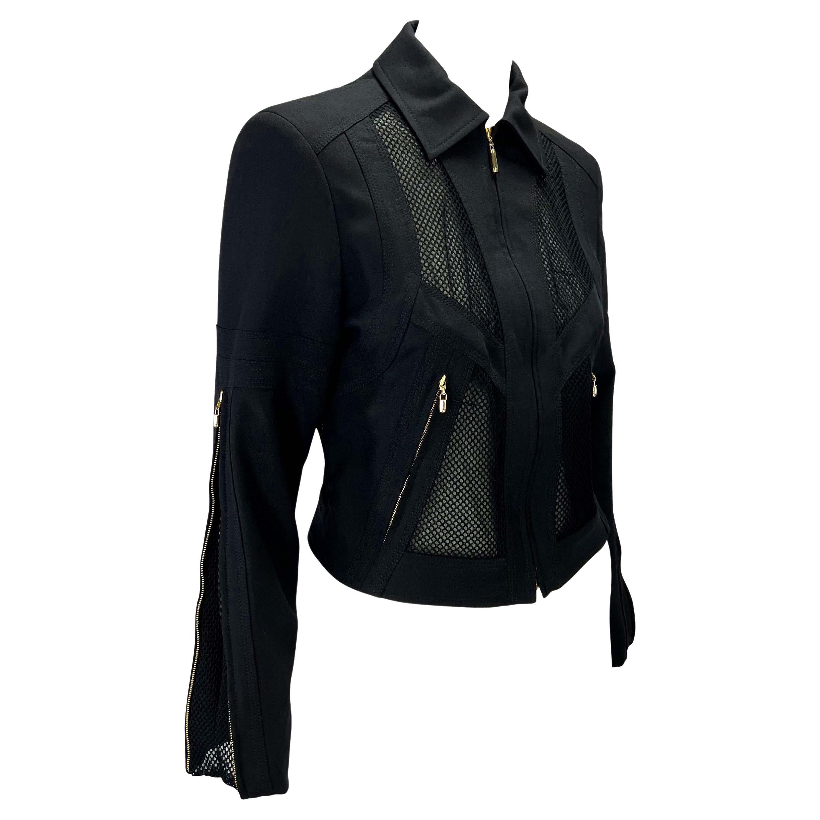 S/S 2002 Gianni Versace by Donatella Mesh Panel Sheer Black Zip Medusa Jacket For Sale 4