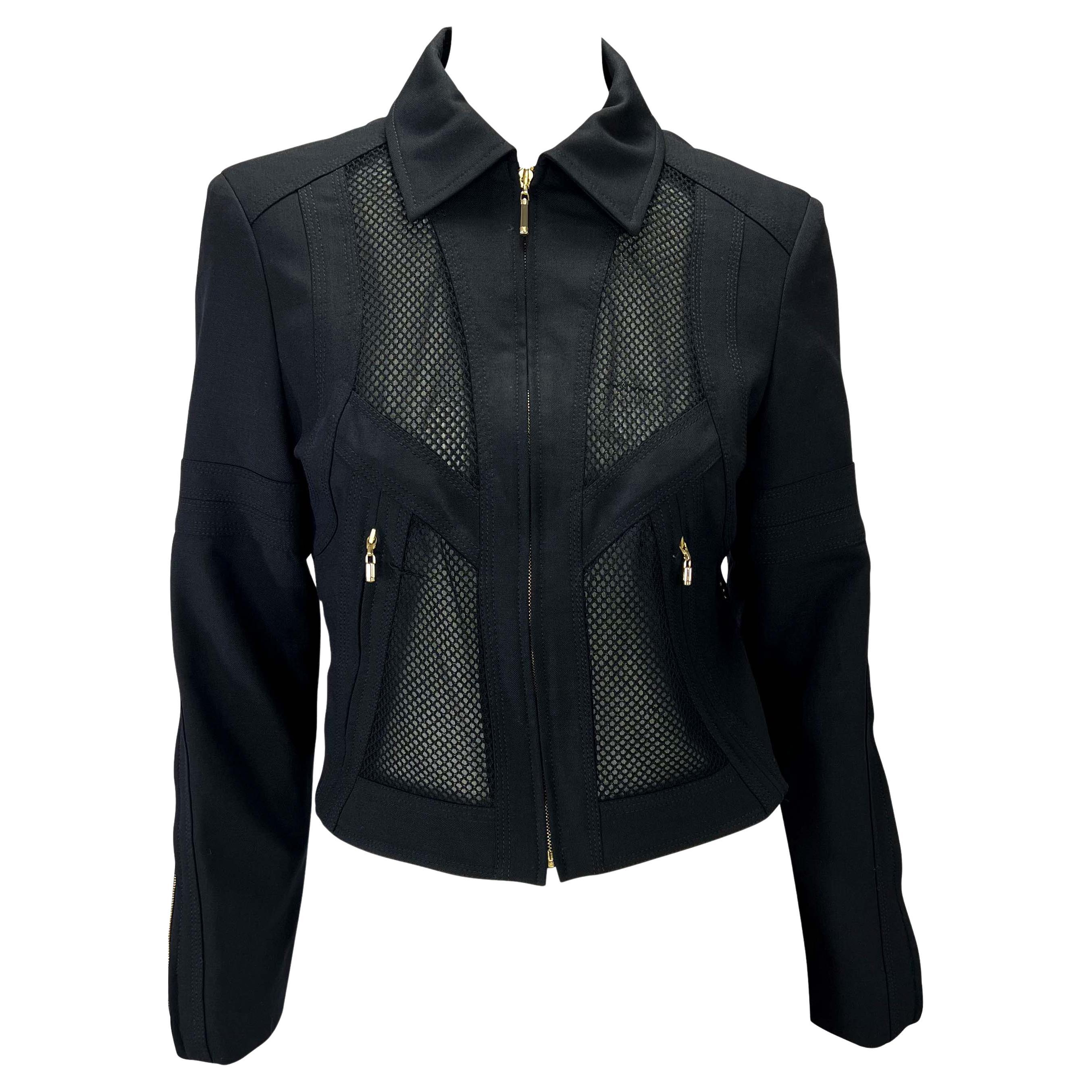 S/S 2002 Gianni Versace by Donatella Mesh Panel Sheer Black Zip Medusa Jacket For Sale