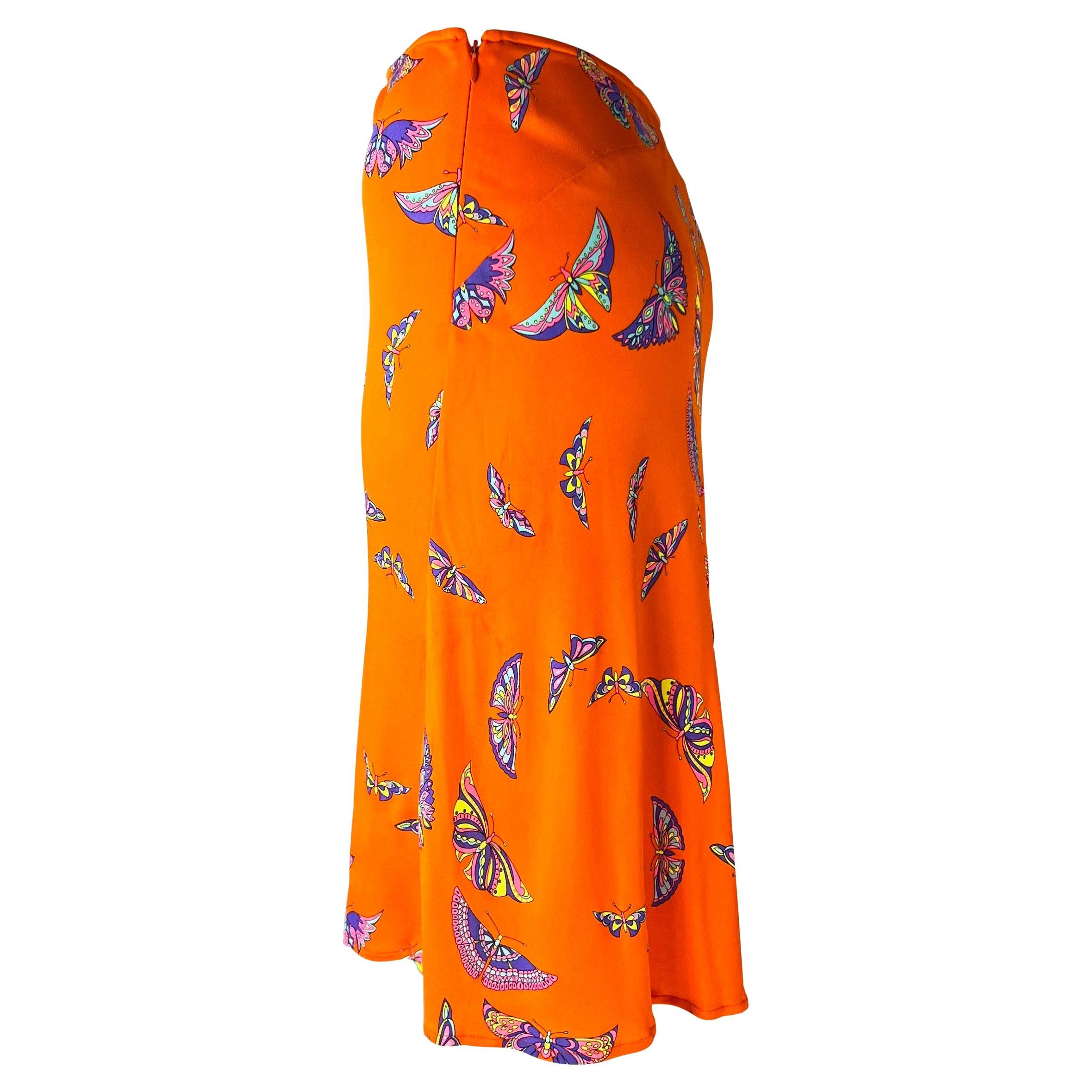 Late 1990s Gianni Versace by Donatella Neon Orange Butterfly Print Viscose Skirt In Excellent Condition For Sale In West Hollywood, CA