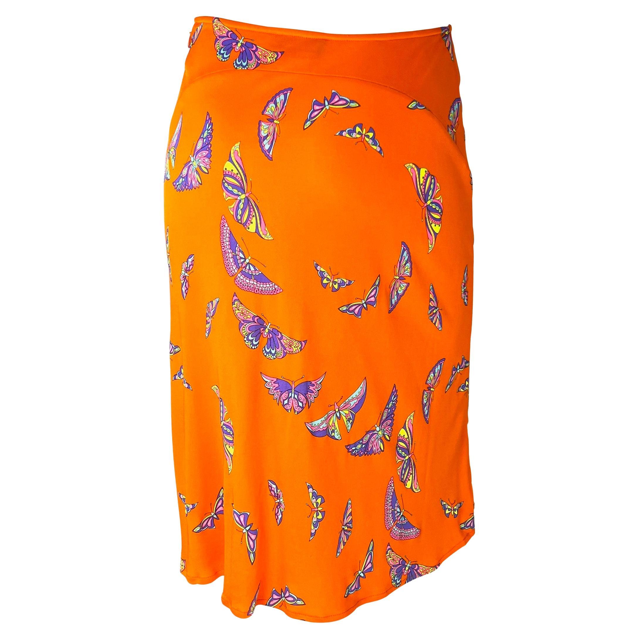 Women's Late 1990s Gianni Versace by Donatella Neon Orange Butterfly Print Viscose Skirt For Sale