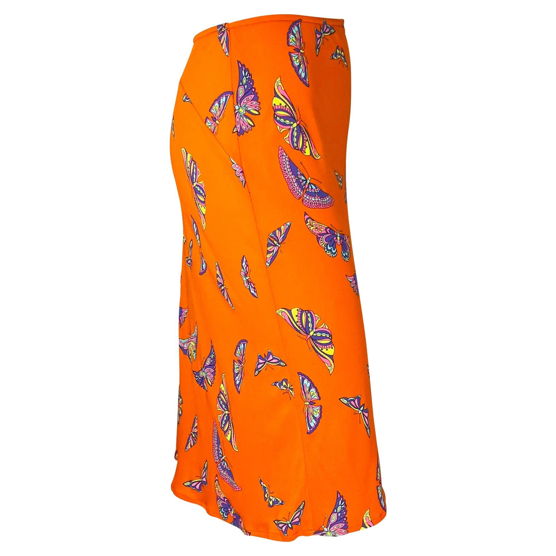 Late 1990s Gianni Versace by Donatella Neon Orange Butterfly Print Viscose Skirt For Sale 1
