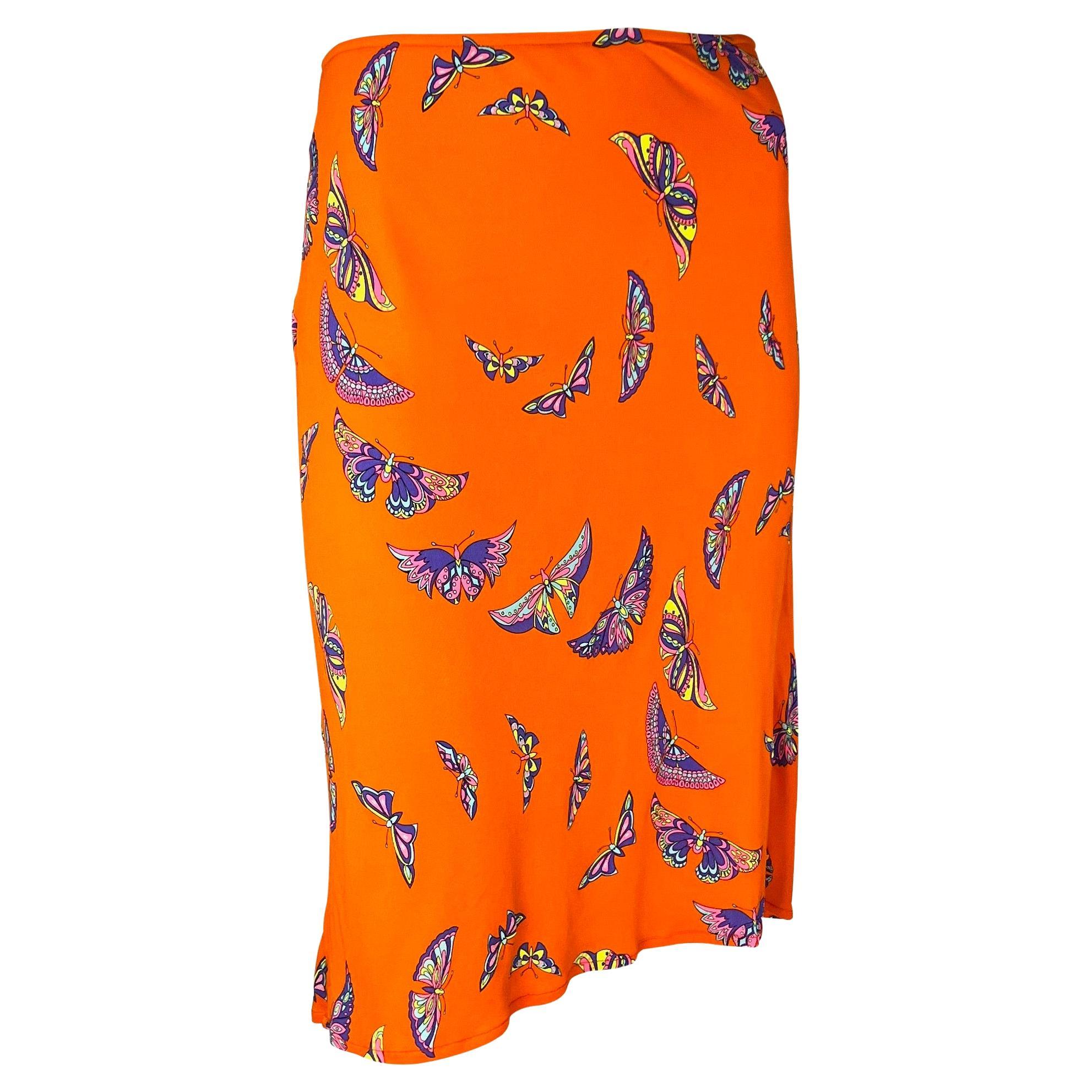 Late 1990s Gianni Versace by Donatella Neon Orange Butterfly Print Viscose Skirt For Sale 2