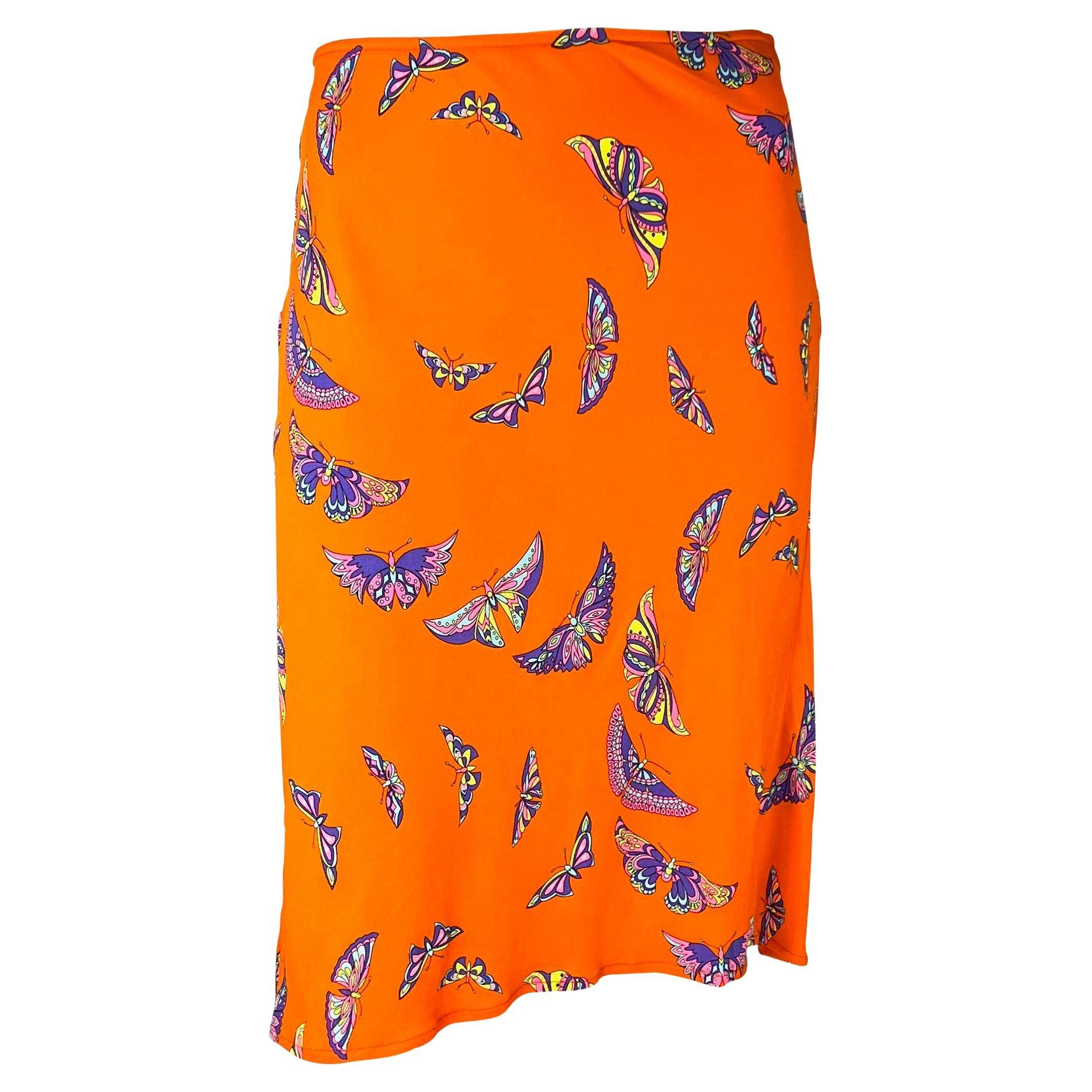 Late 1990s Gianni Versace by Donatella Neon Orange Butterfly Print Viscose Skirt