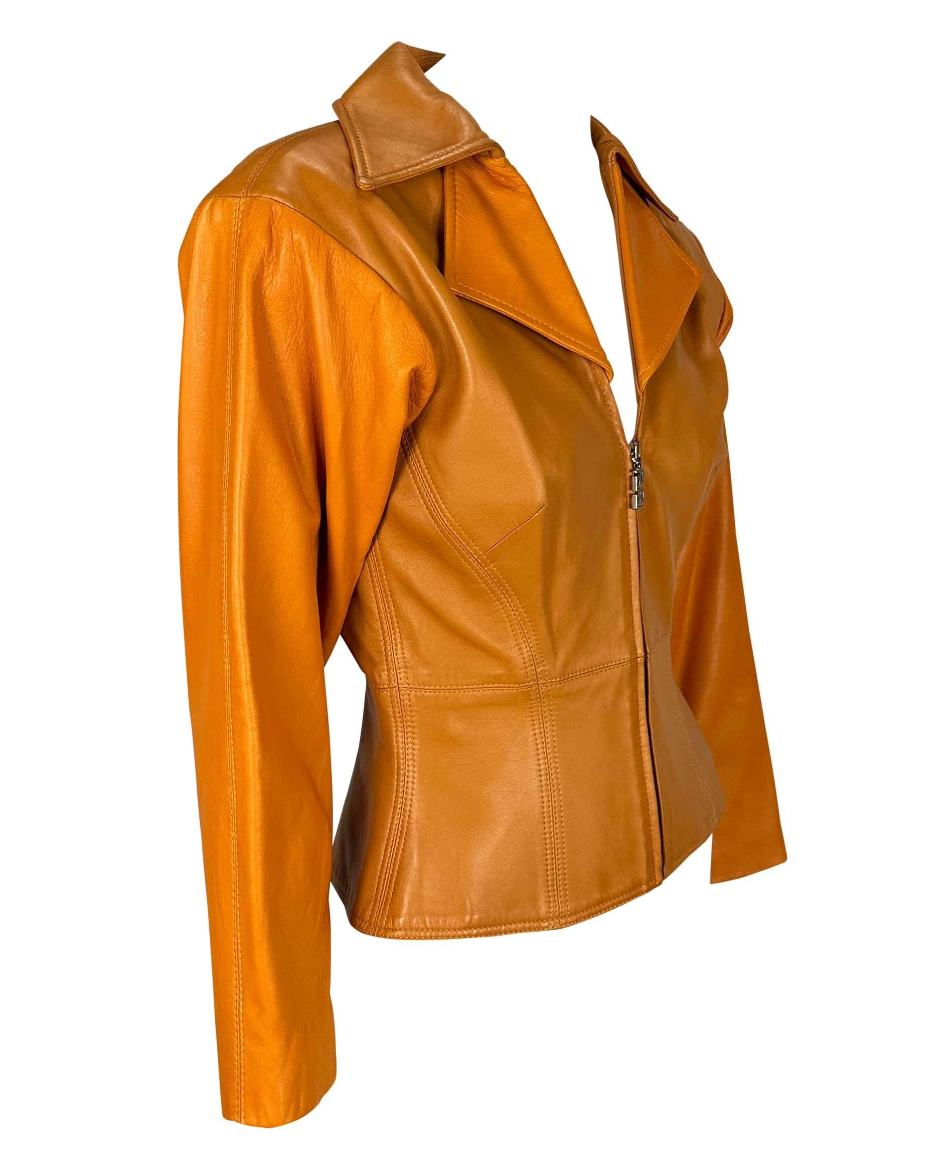 Women's 2000s Gianni Versace by Donatella Orange Monochrome Leather Blazer Jacket For Sale