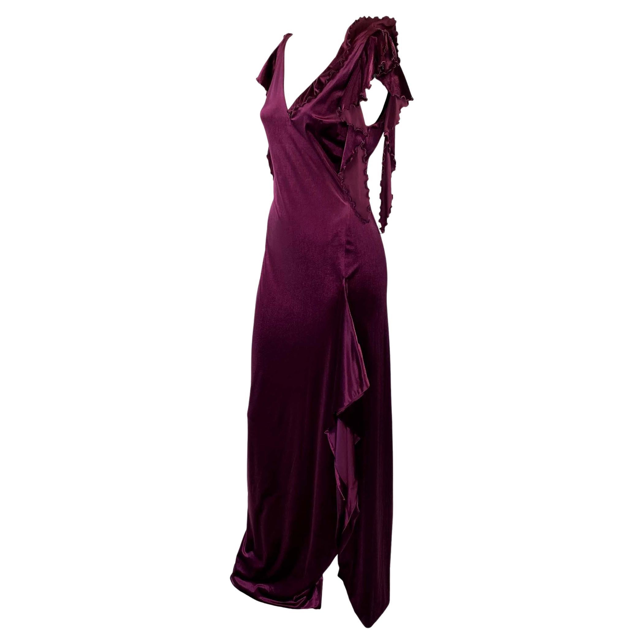 2000s Gianni Versace by Donatella Purple Velvet Beaded Ruffle Gown with Tags For Sale