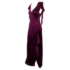 2000s Gianni Versace by Donatella Purple Velvet Beaded Ruffle Gown with Tags