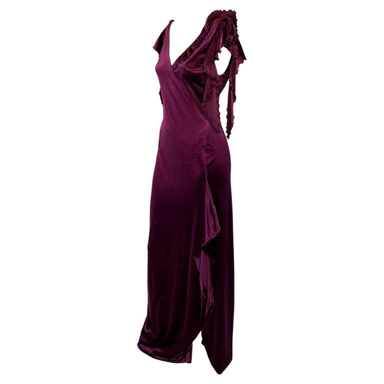 2000s Gianni Versace by Donatella Purple Velvet Beaded Ruffle Gown with ...
