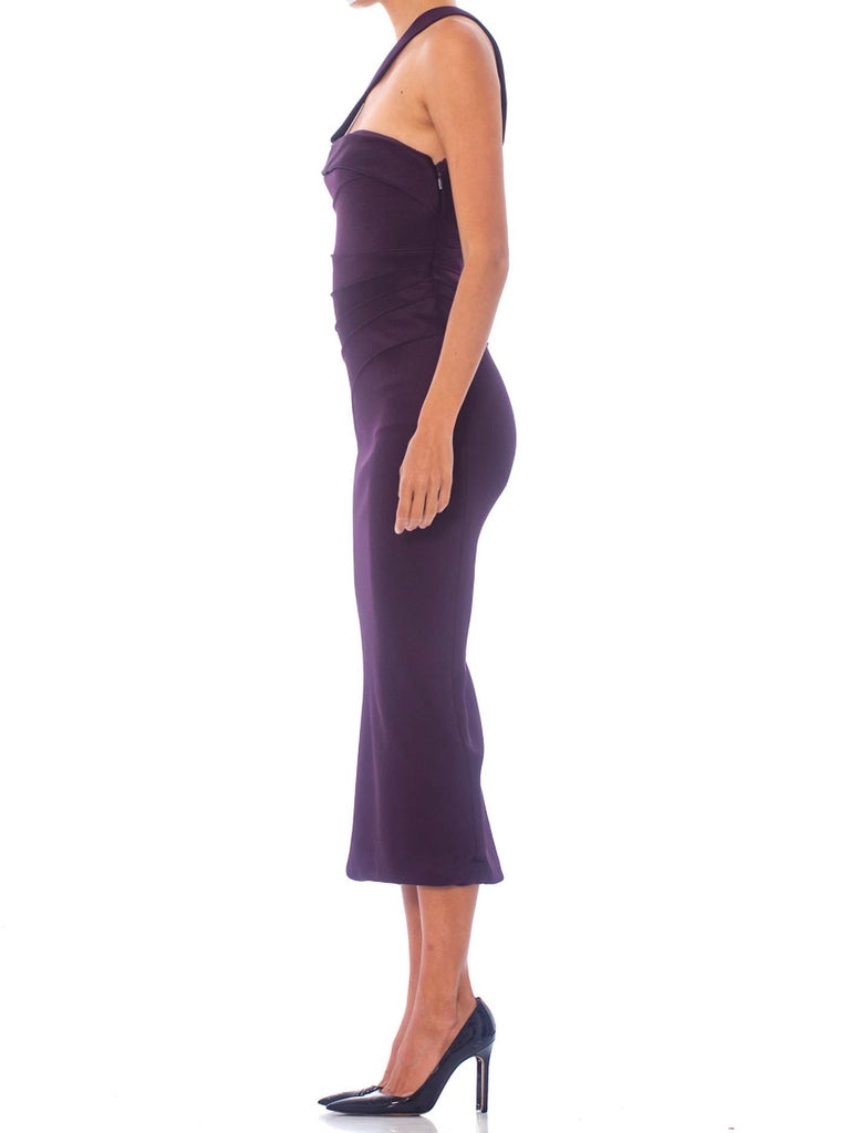 2000S DONATELLA VERSACE Eggplant Rayon Blend Jersey One Shoulder Strapless Sexy For Sale 3