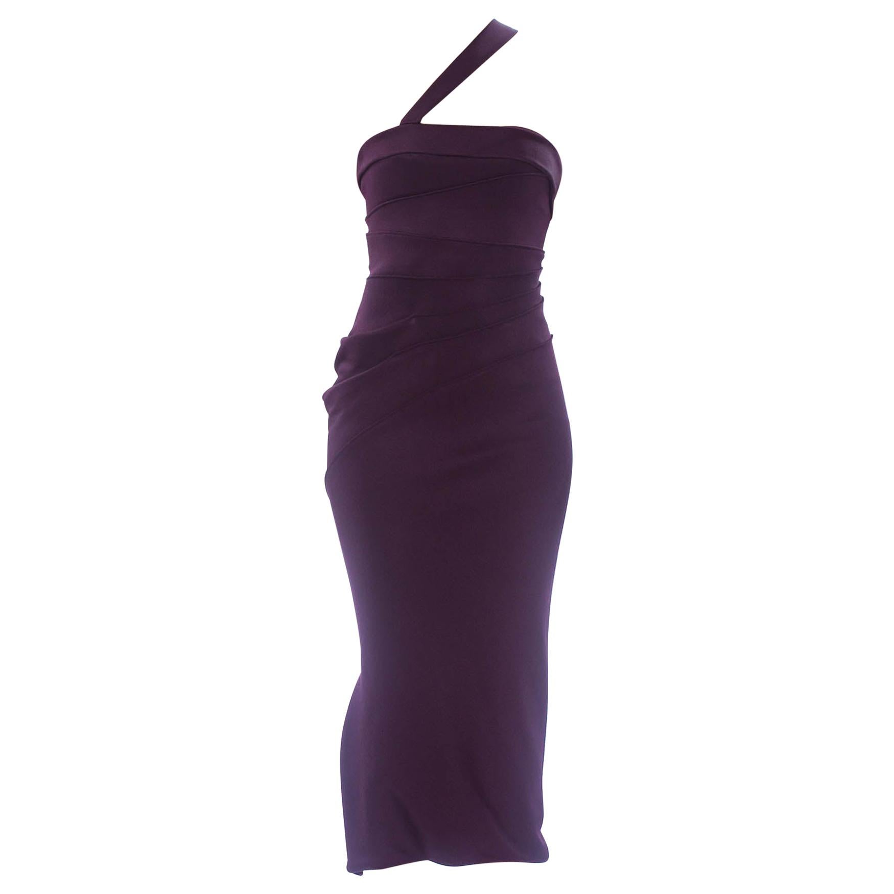 2000er DONATELLA VERSACE Aubergine Rayon-Mischung Jersey One Shoulder trägerlos Sexy im Angebot