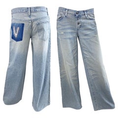 2000s Gianni Versace Jeans Couture Size 8 Chain Stonewash Low Rise Wide Leg Pant