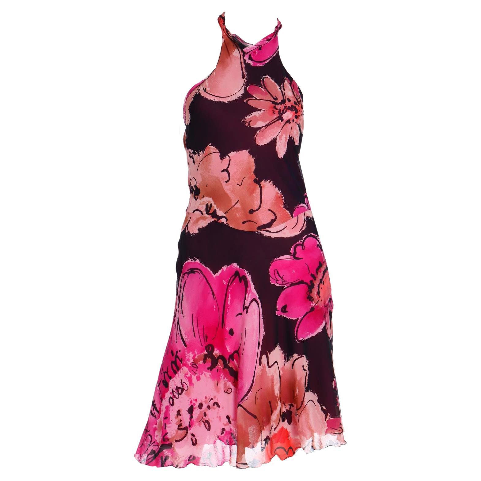 2000s Gianni Versace Silk Floral HIgh Slit Halter Dress For Sale