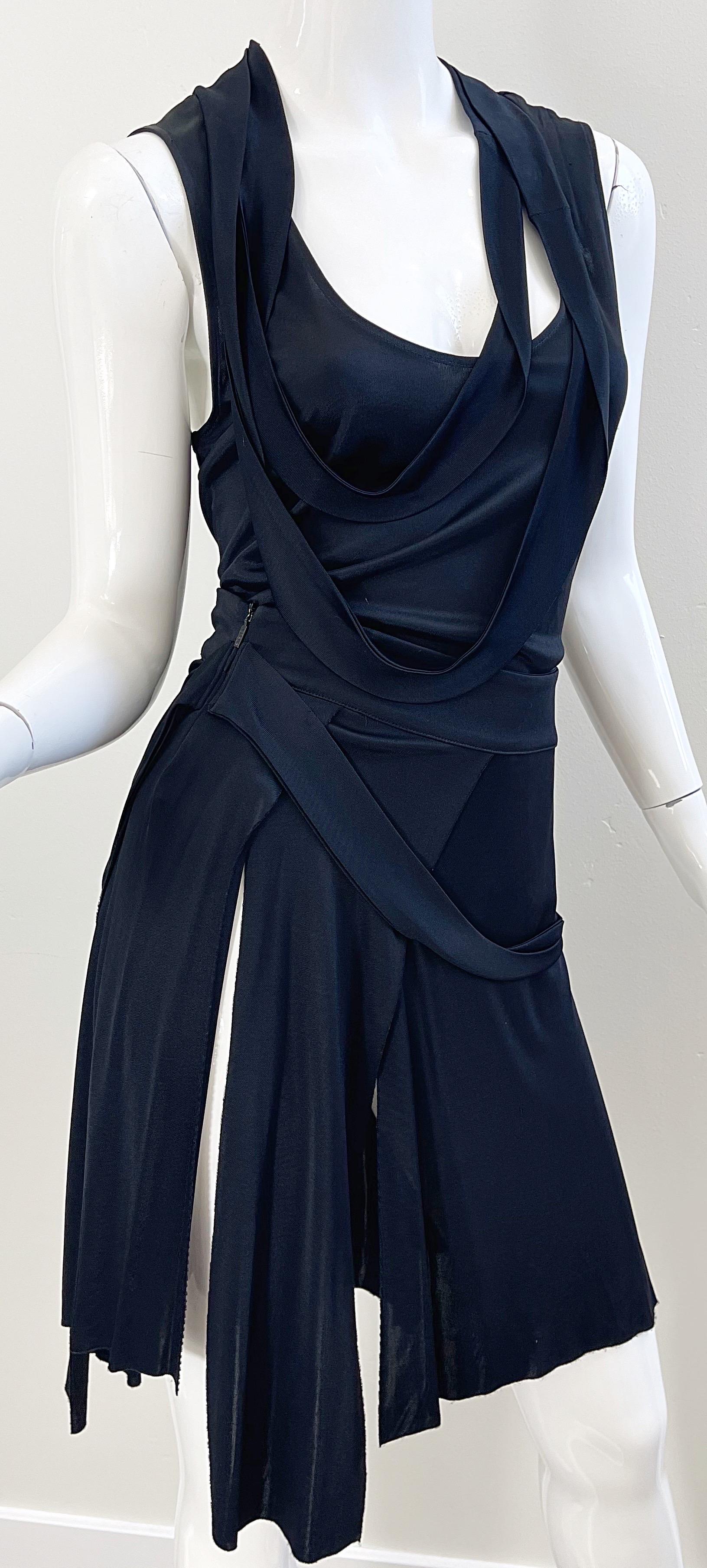 2000s Gianni Versace Size 8 / 10 Versus Black Jersey Bondage Skirt Top Set Dress For Sale 1