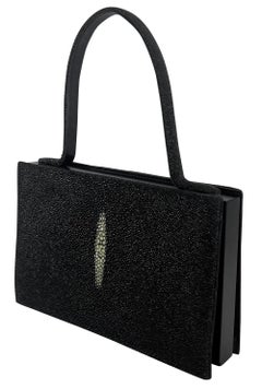 2000s Giorgio Armani Faux Stingray Black Shagreen Wood Frame Mini Evening Bag