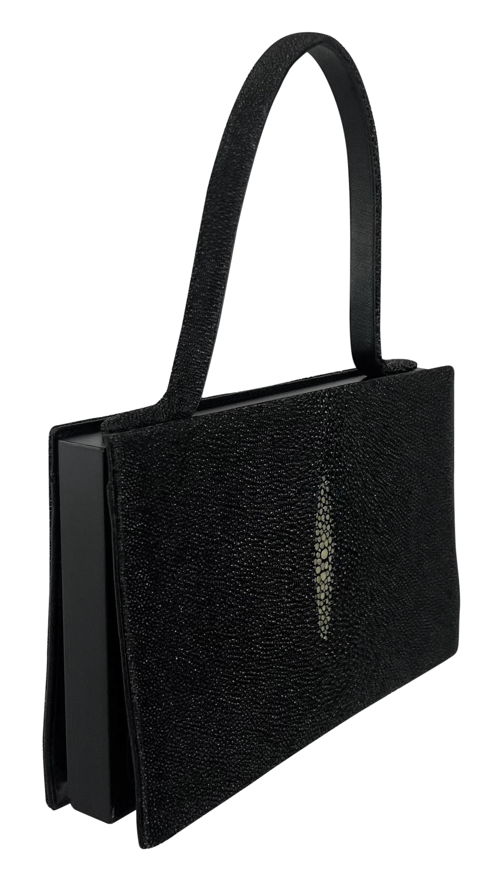 Women's 2000s Giorgio Armani Faux Stingray Black Shagreen Wood Frame Mini Evening Bag For Sale