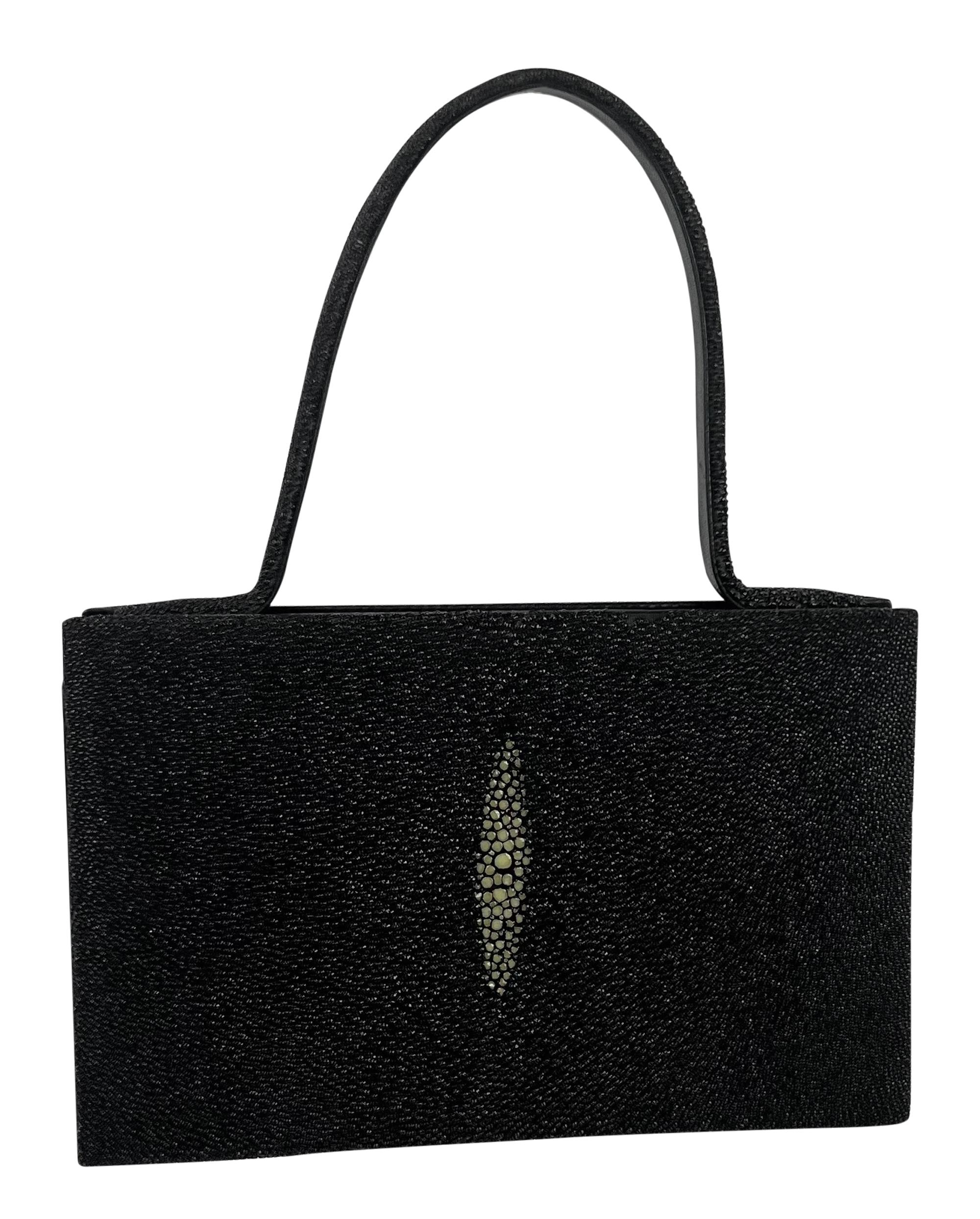 2000s Giorgio Armani Faux Stingray Black Shagreen Wood Frame Mini Evening Bag For Sale 1