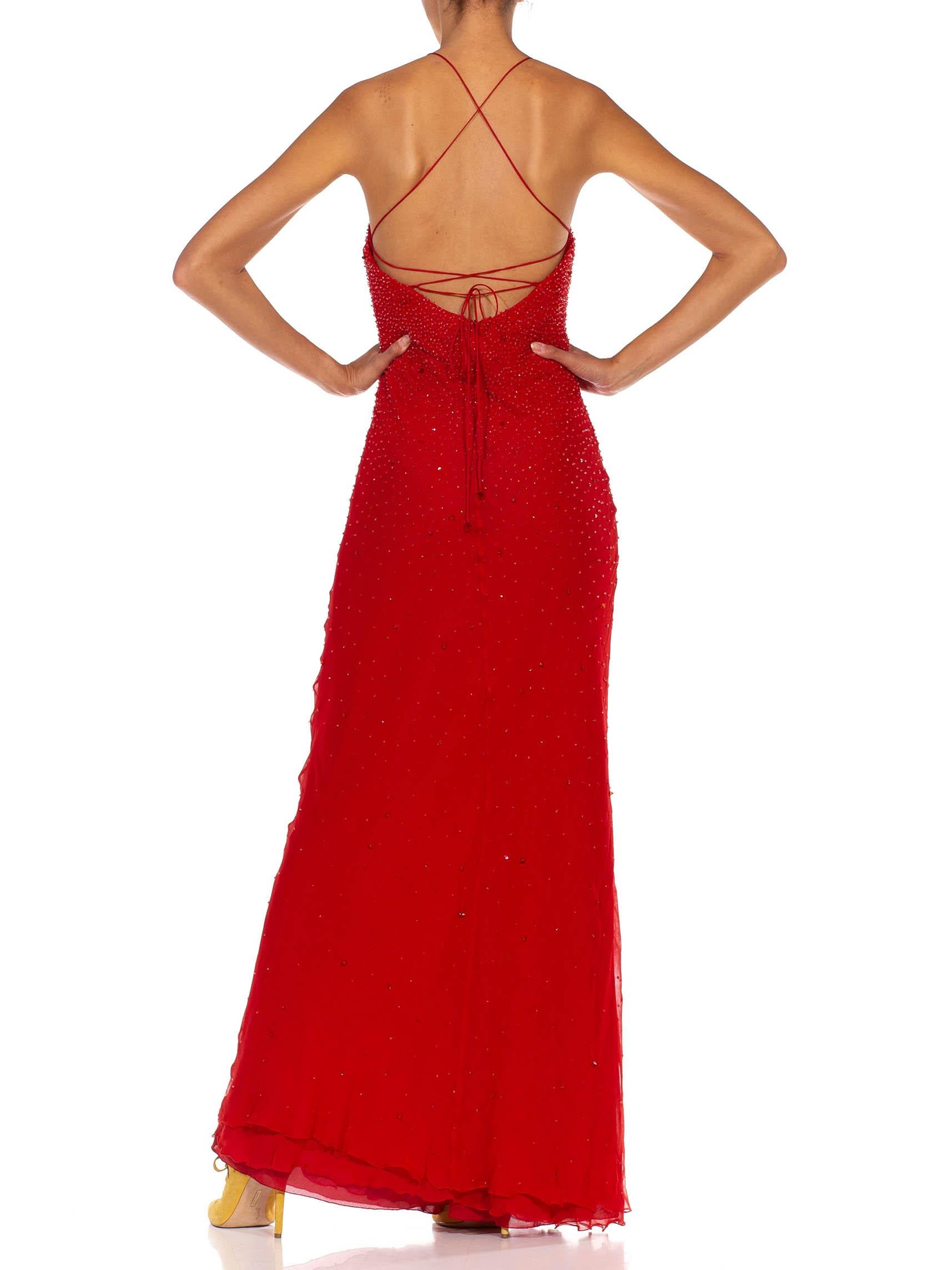 2000S GIORGIO ARMANI Red Bias Cut Silk Chiffon Fully Beaded Gown For Sale 6