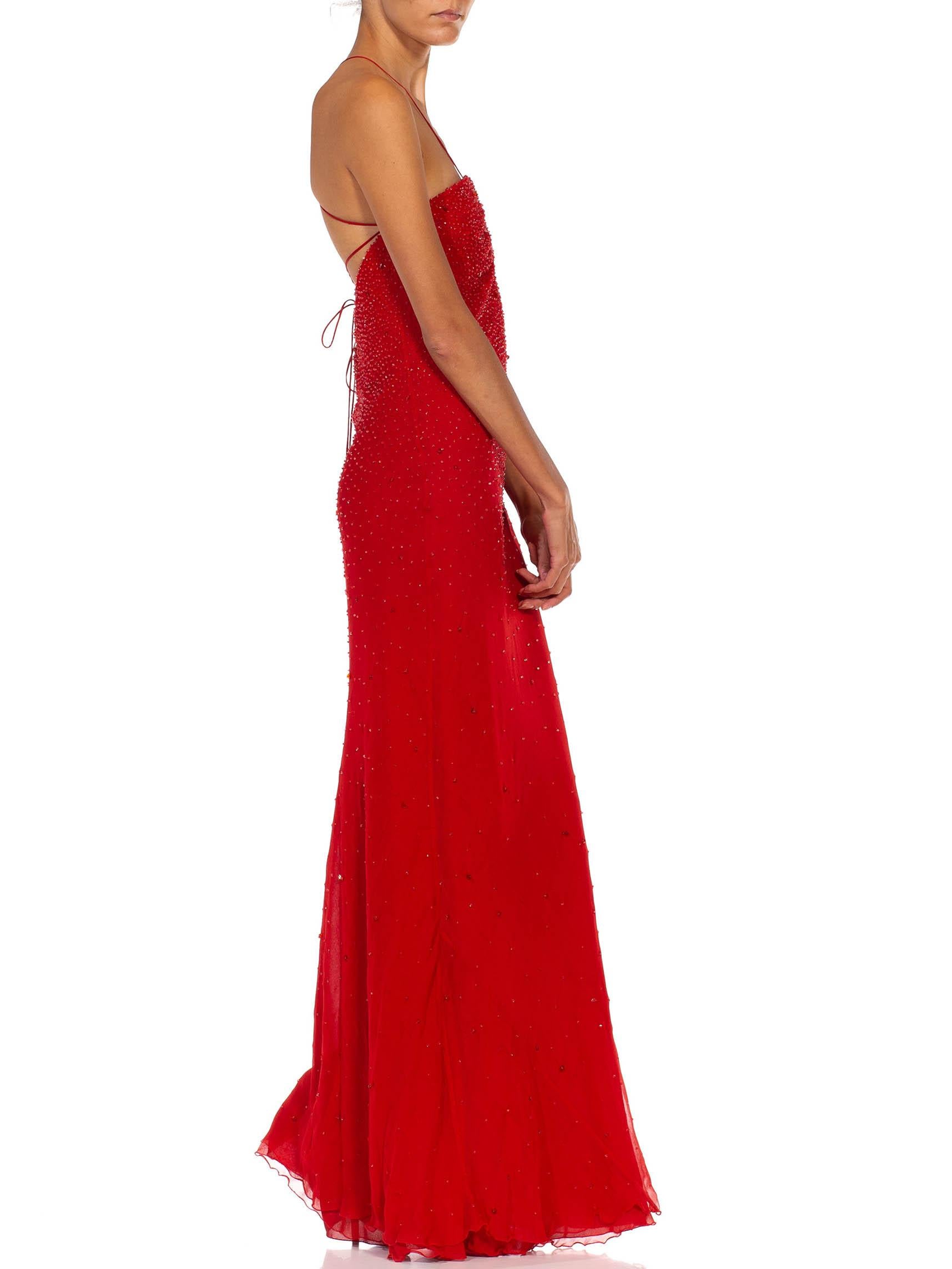 2000S GIORGIO ARMANI Red Bias Cut Silk Chiffon Fully Beaded Gown In Excellent Condition For Sale In New York, NY