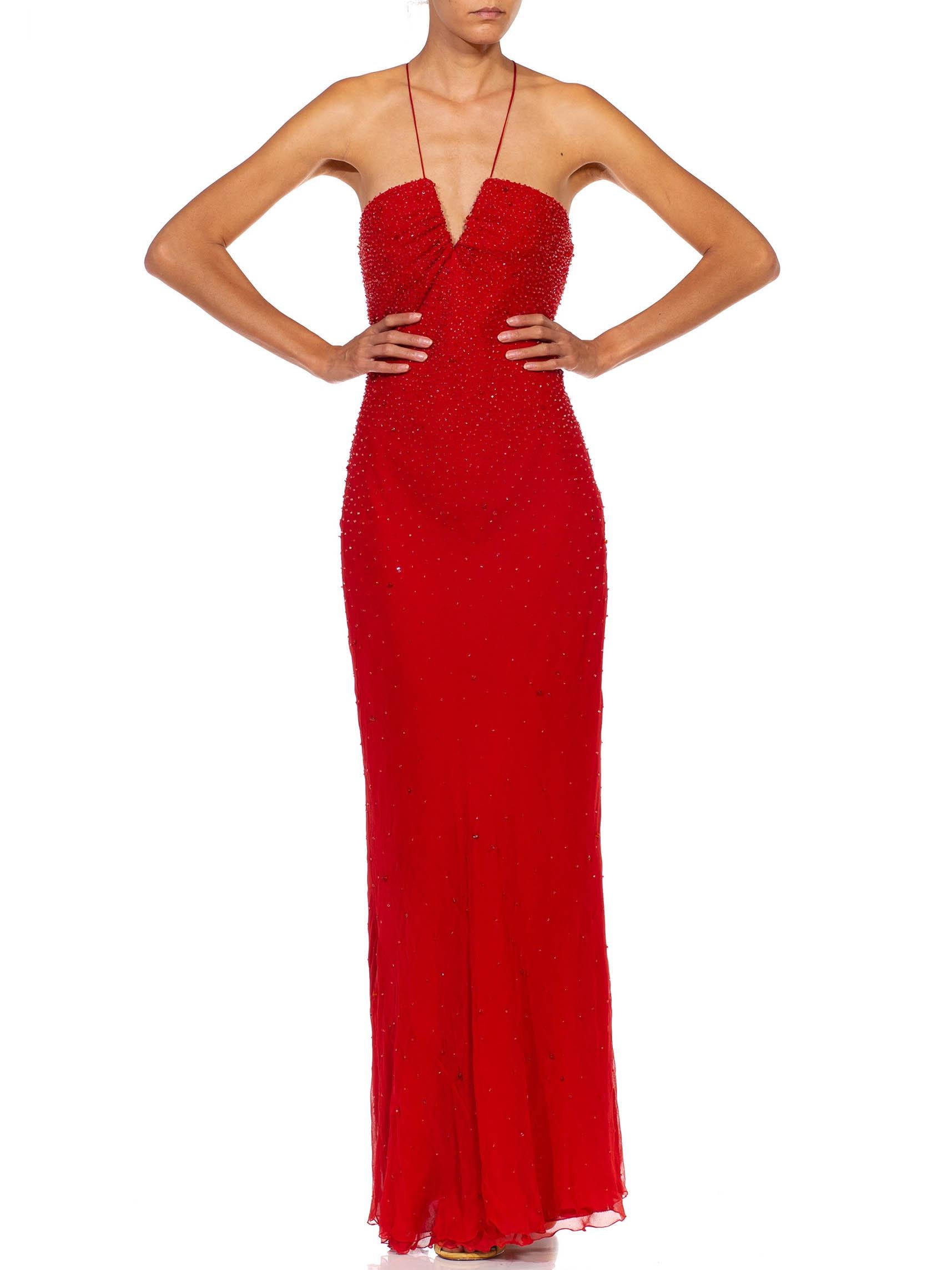 Women's 2000S GIORGIO ARMANI Red Bias Cut Silk Chiffon Fully Beaded Gown For Sale