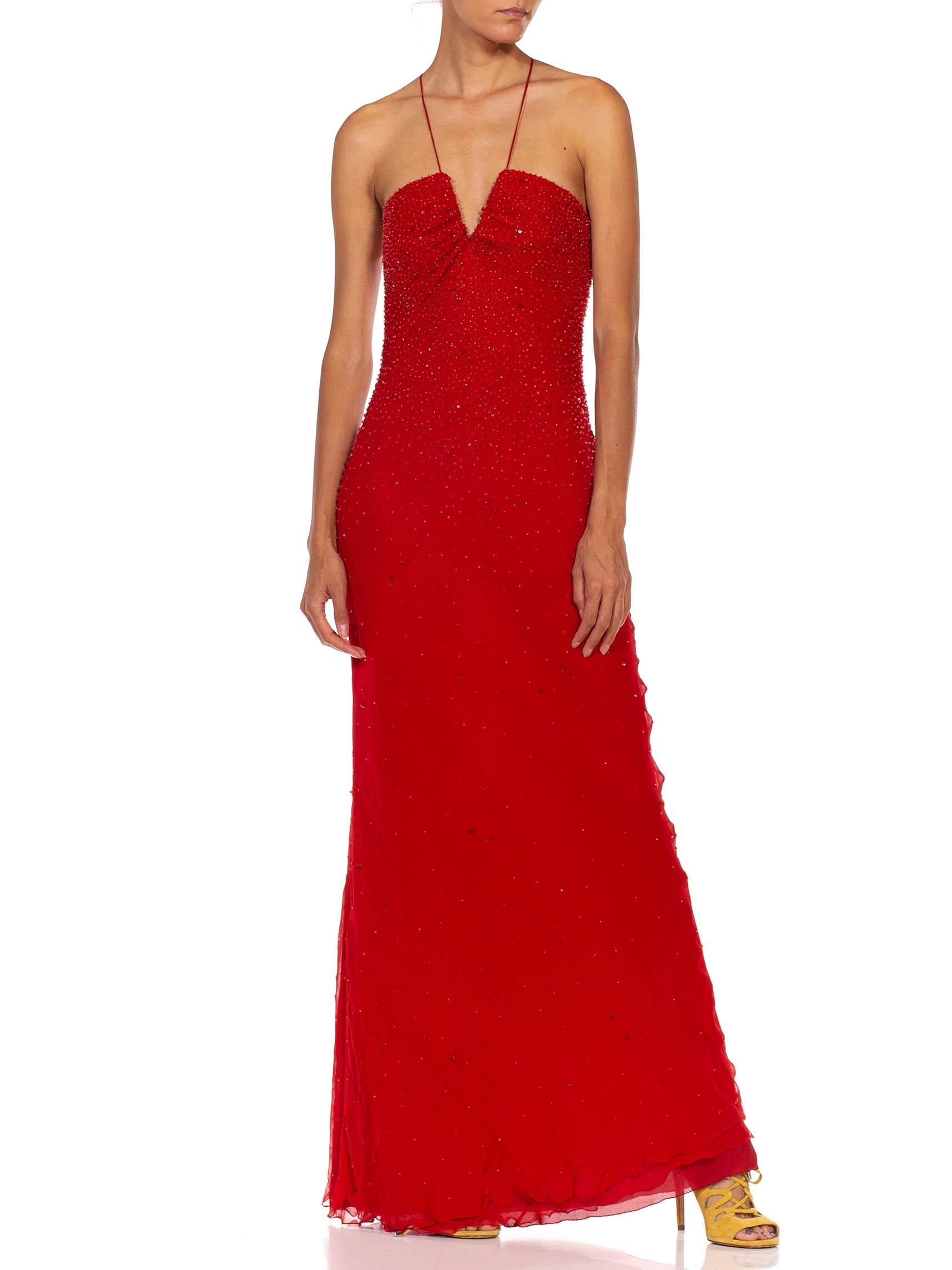 2000S GIORGIO ARMANI Red Bias Cut Silk Chiffon Fully Beaded Gown For Sale 1