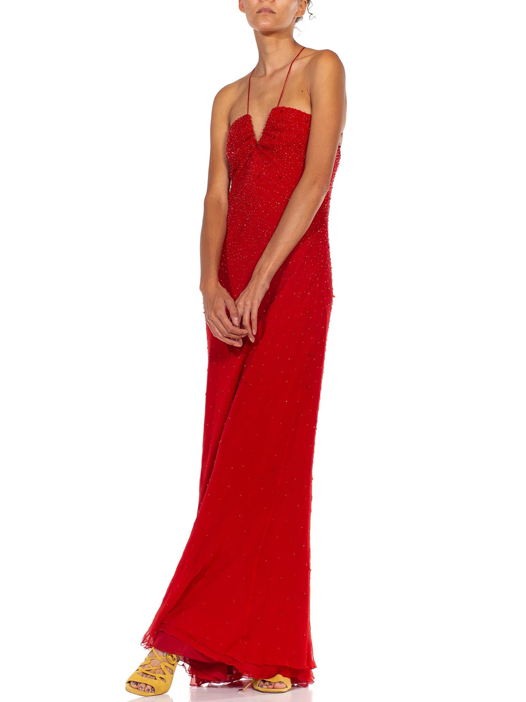 2000S GIORGIO ARMANI Red Bias Cut Silk Chiffon Fully Beaded Gown For Sale 2