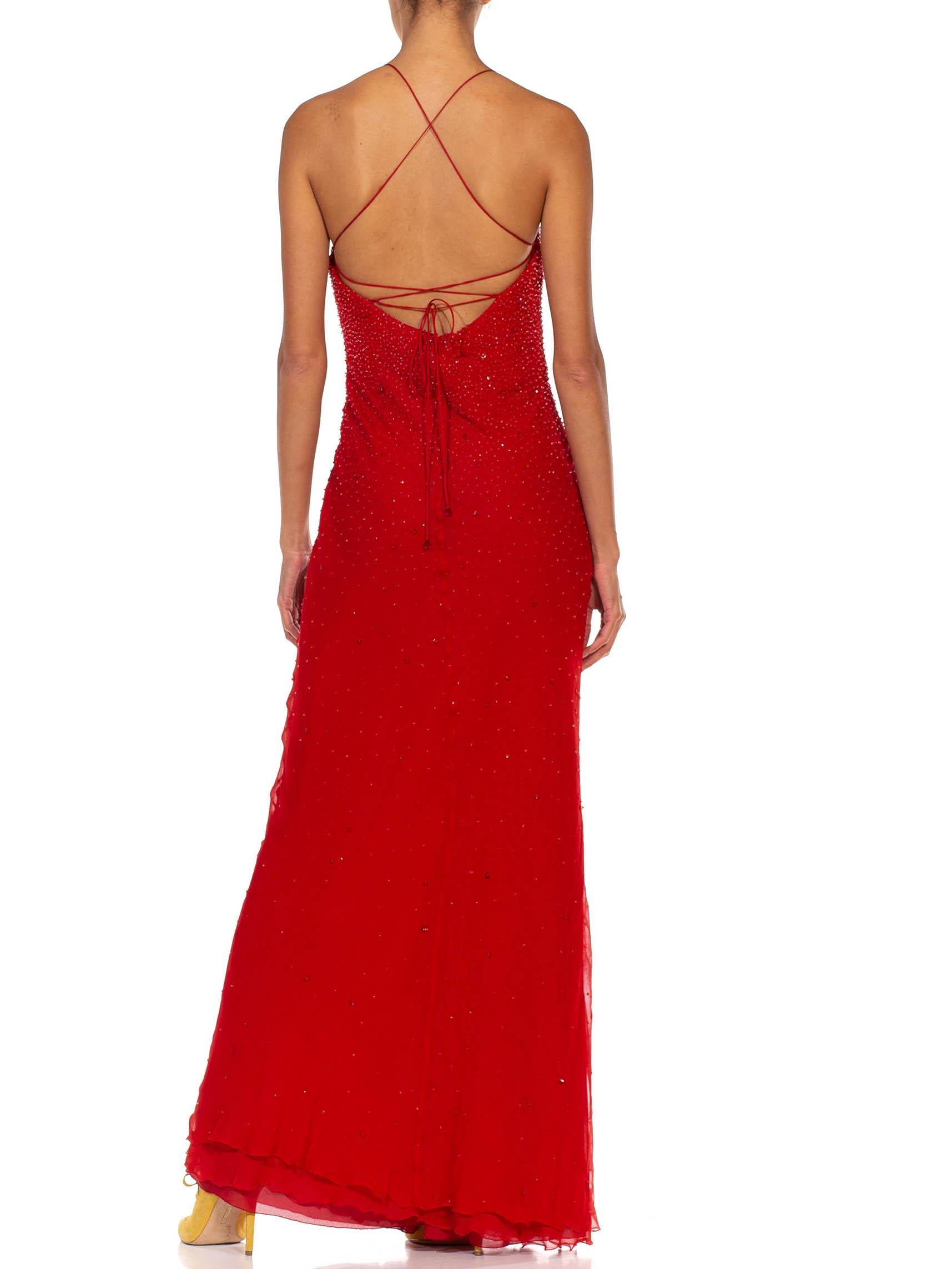 2000S GIORGIO ARMANI Red Bias Cut Silk Chiffon Fully Beaded Gown For Sale 5