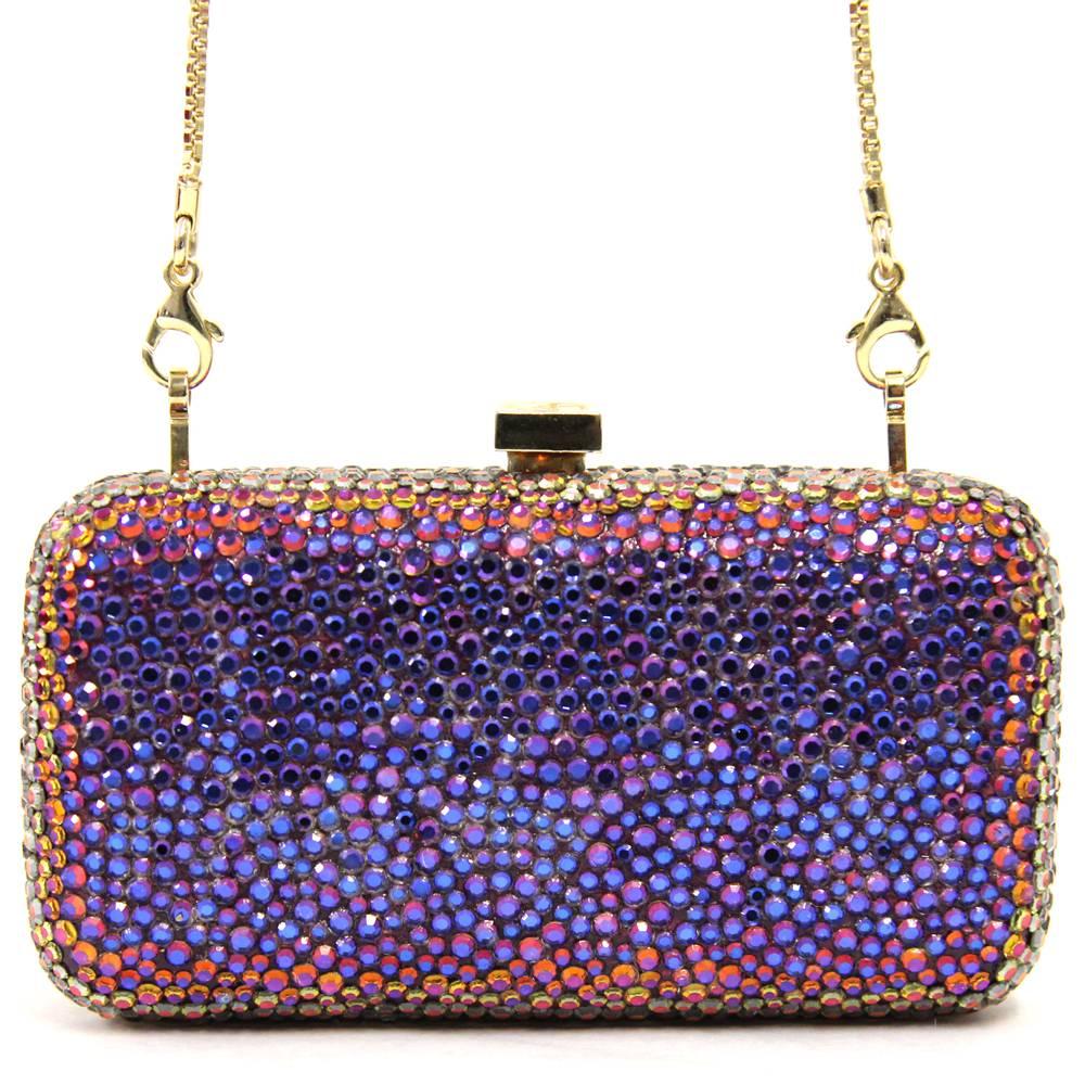 Small clutch featuring rhinestones, a chain shoulderstrap and a logo metallic closure, a truly jewel! 
This item is a runaway show accessory. 
Please note that some rhinestones have fallen off as the pictures show.

Measurements: 10 cm x 5.5 cm