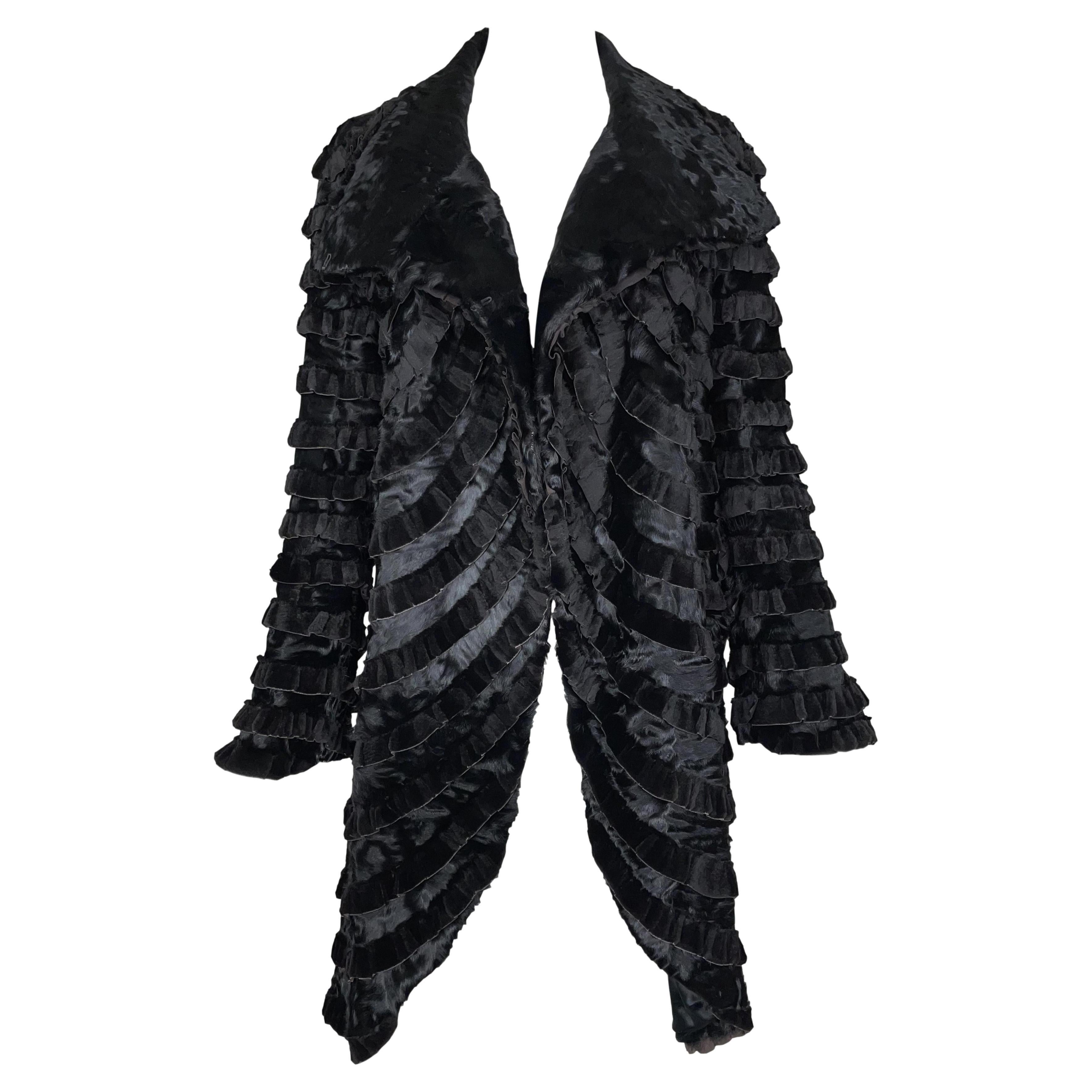 2000's Giorgio Armani Victorian Style Ruffles Black Fur Coat Jacket