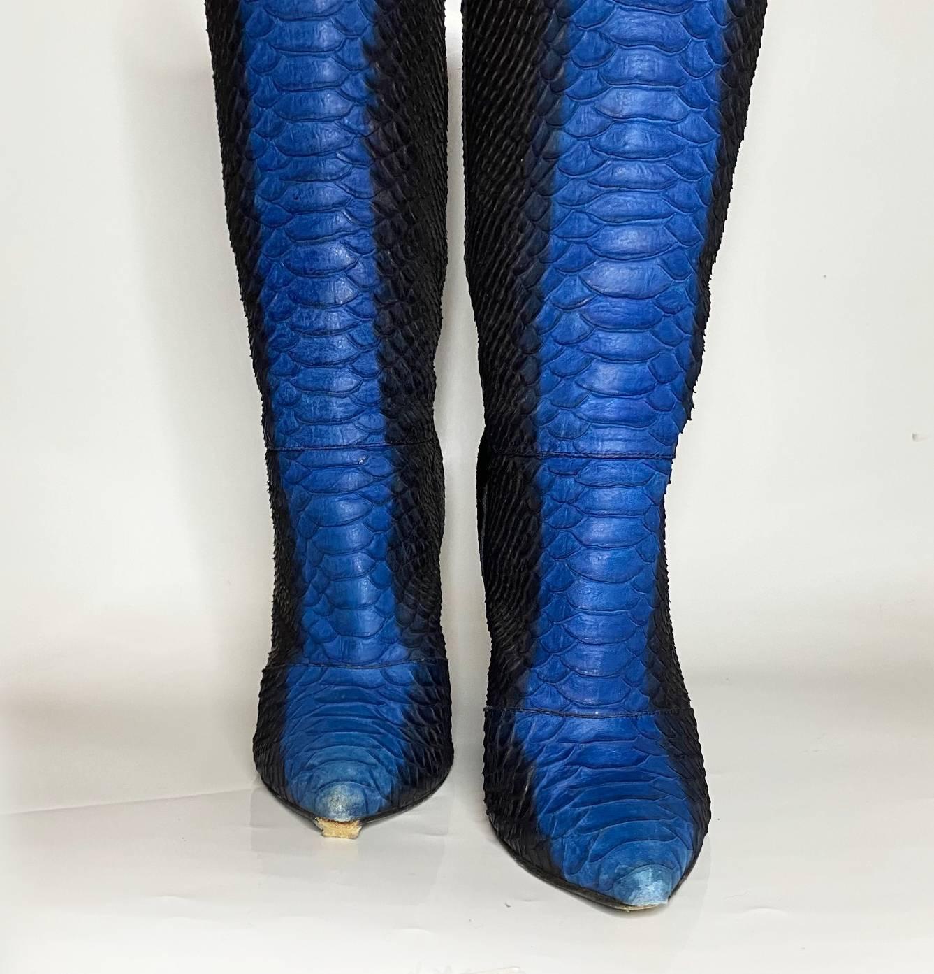  2000s Giuseppe Zanotti Black Blue Platform Faux Snake Skin Calf Boots For Sale 1