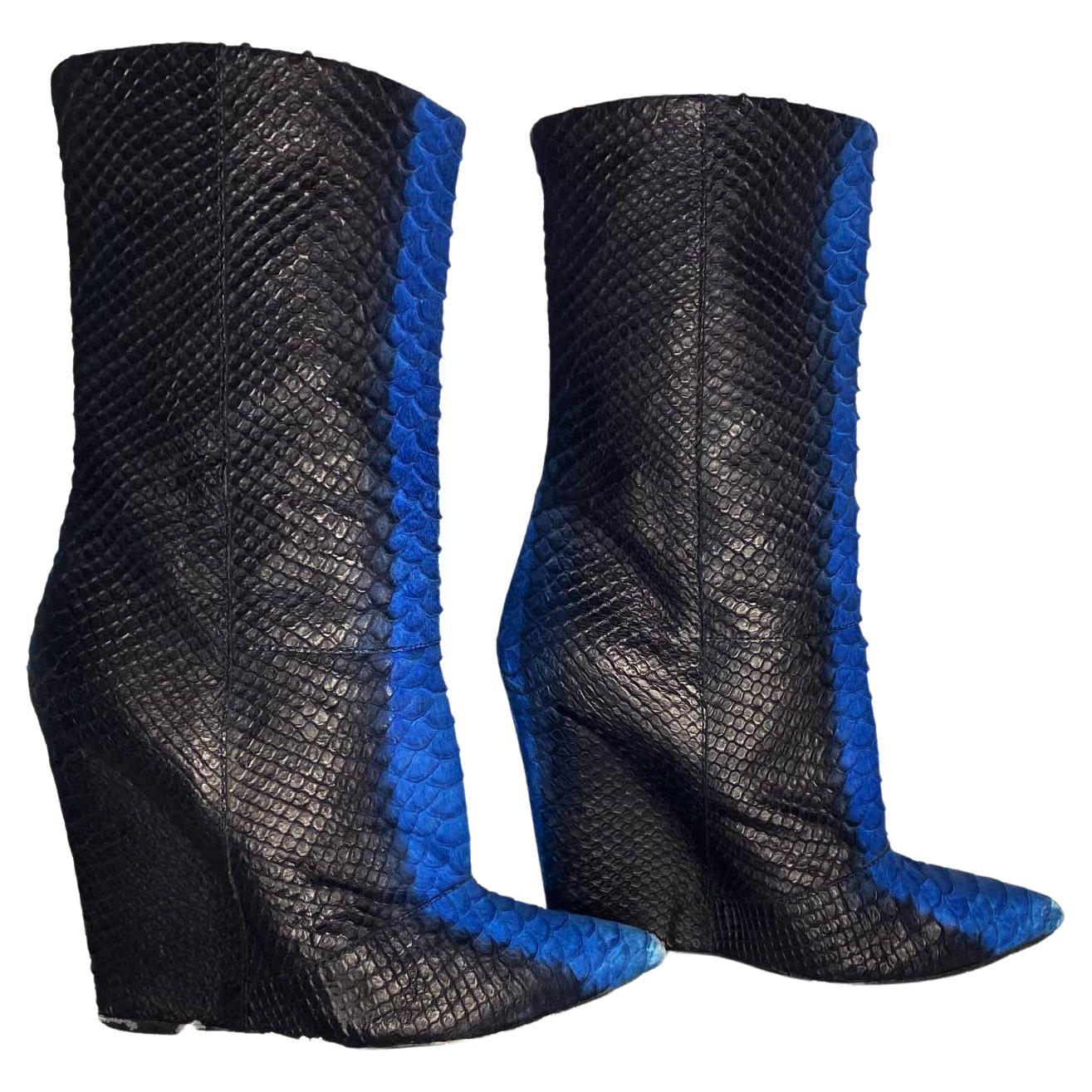  2000s Giuseppe Zanotti Black Blue Platform Faux Snake Skin Calf Boots For Sale