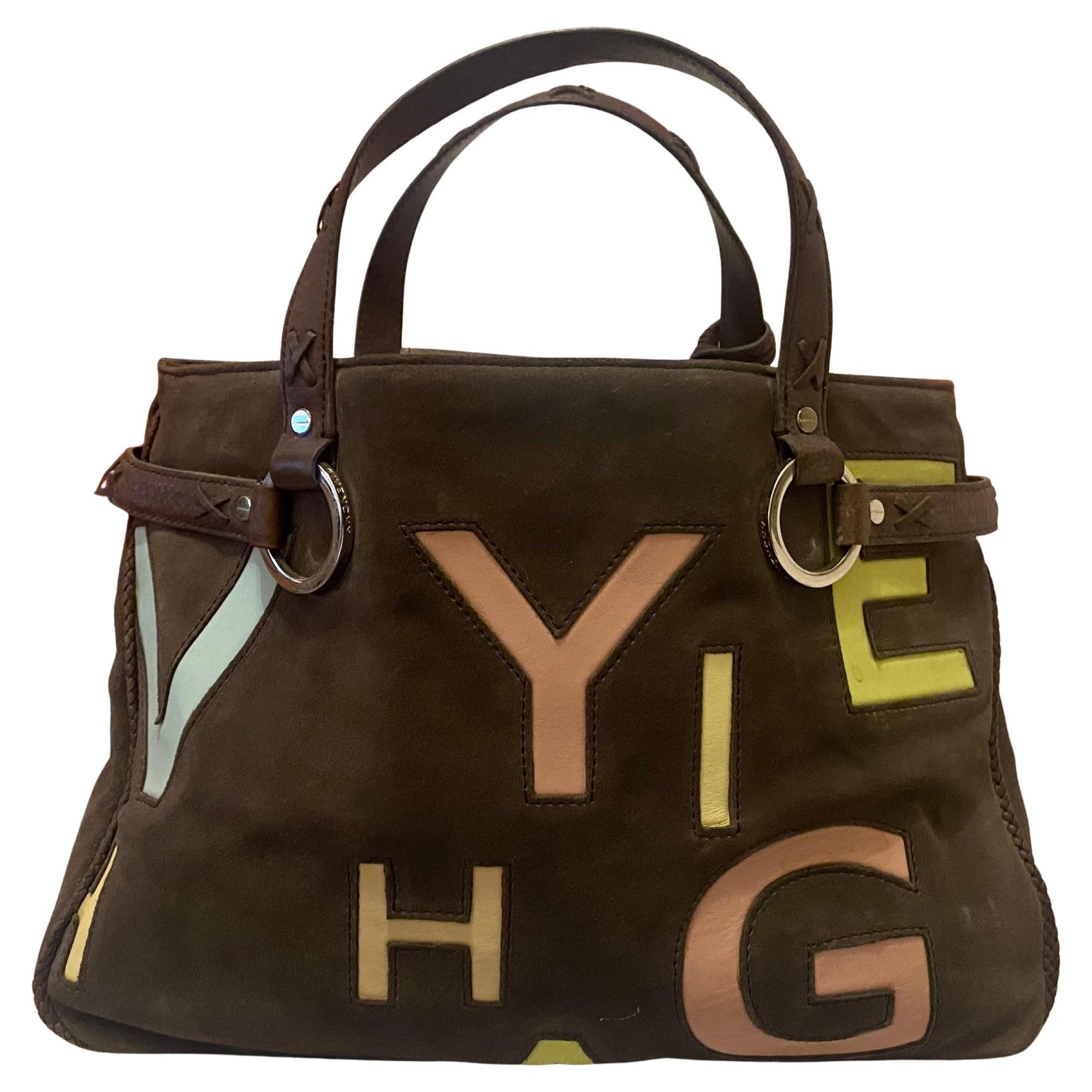 Borsa tote con zip in pelle scamosciata marrone di GIVENCHY vintage, lettere in pelle di vitello colorate in tinta pastello, scritte GIVENCHY molto sottili intorno alla borsa, specchio per il trucco/cerniera avvolto in una cornice di pelle con bordi
