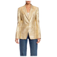 2000S Gold Metallic Rayon/Lurex Blazer mit Spitzenrevers