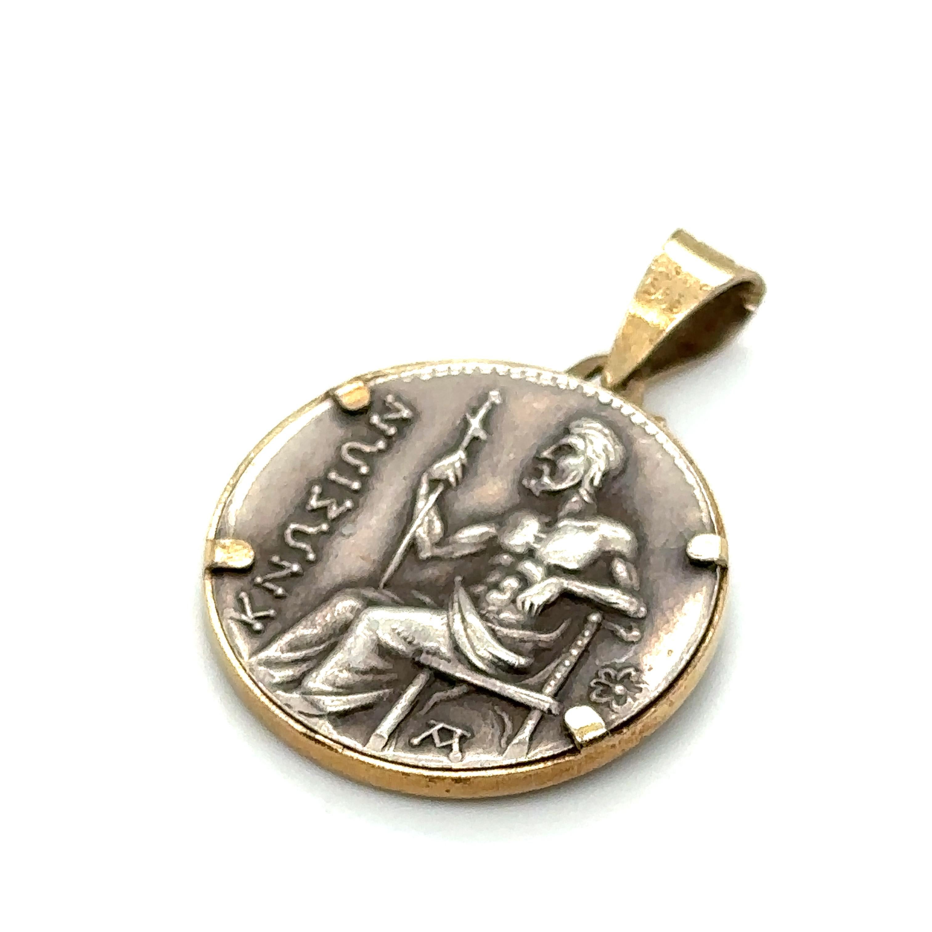 Modern 2000s Greek Athena Coin Pendant in 14 Karat Yellow Gold For Sale