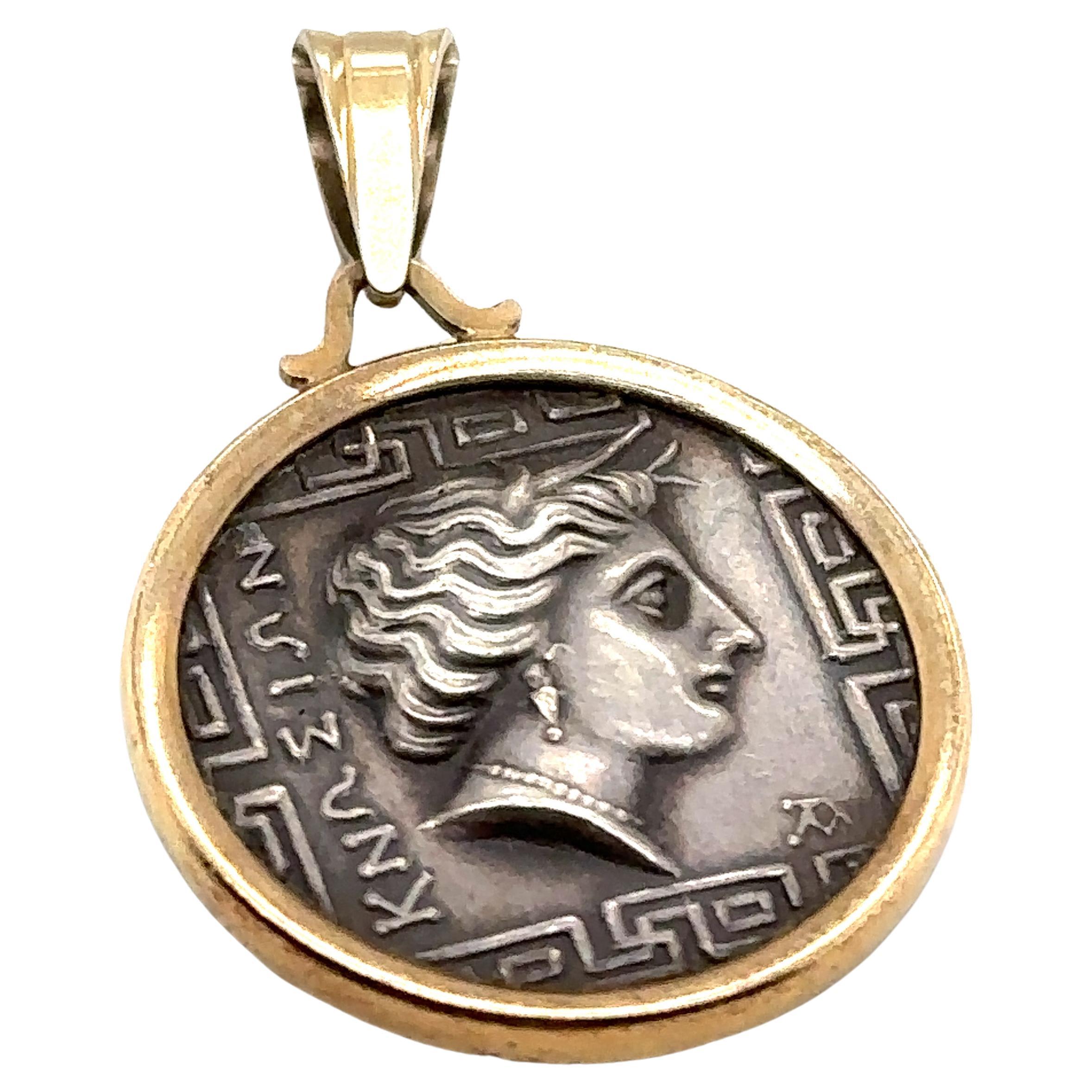 2000s Greek Athena Coin Pendant in 14 Karat Yellow Gold For Sale