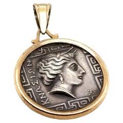2000s Greek Athena Coin Pendant in 14 Karat Yellow Gold