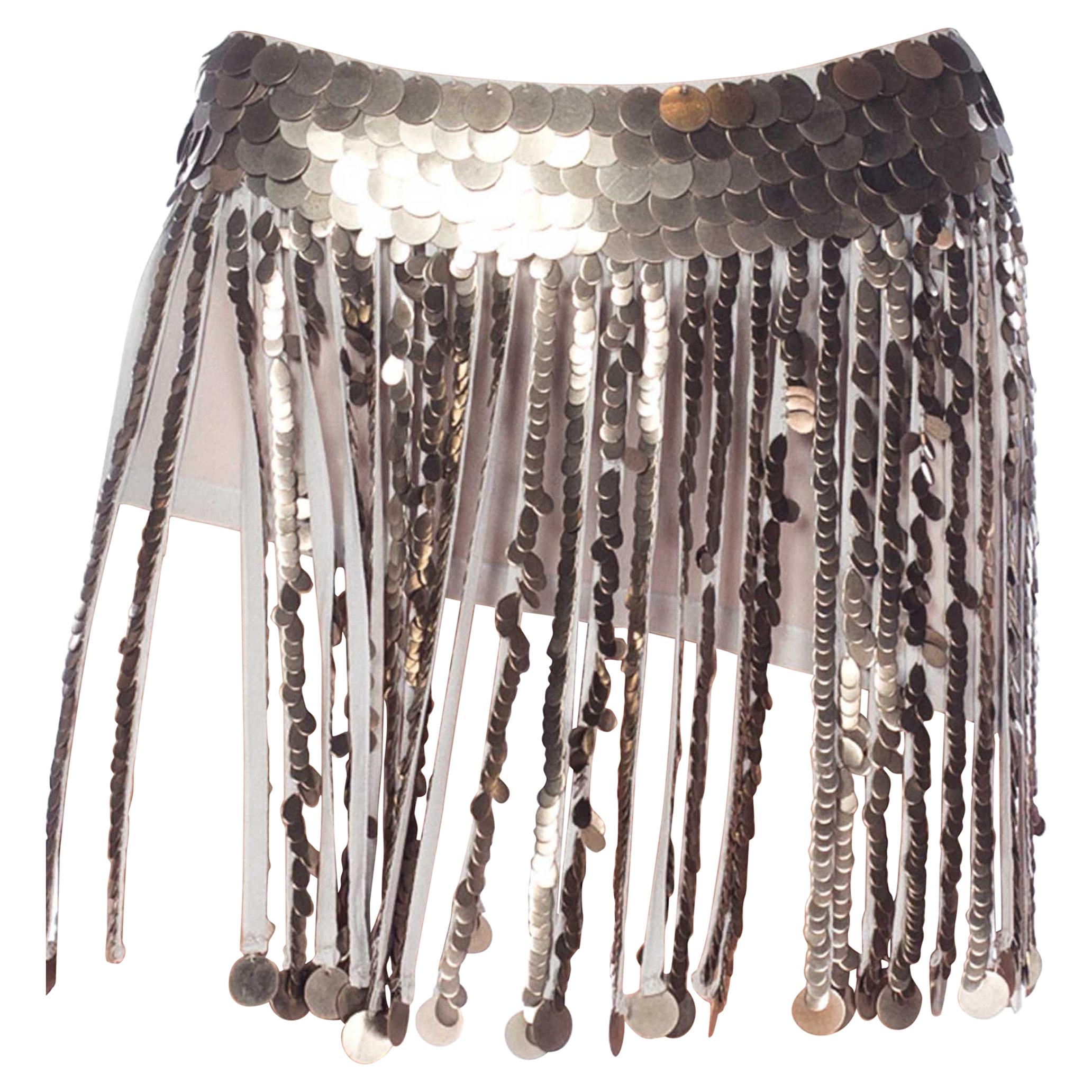 2000S Grey Silk Crepe & Georgette Fringe Mini Skirt Covered In Metal Pailettes For Sale