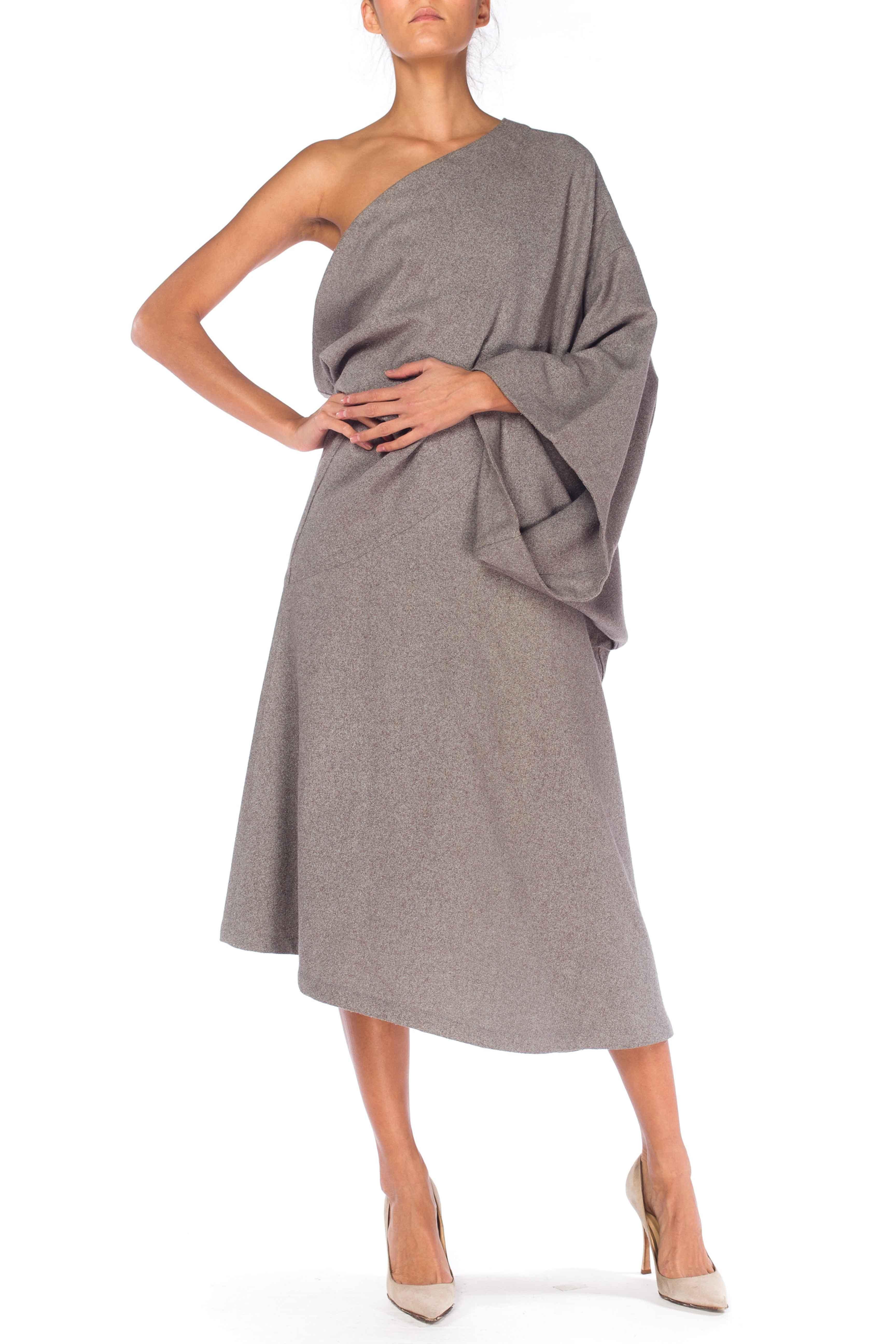 2000S Grey Wool Asymmetrical One Sleeve Dress 1