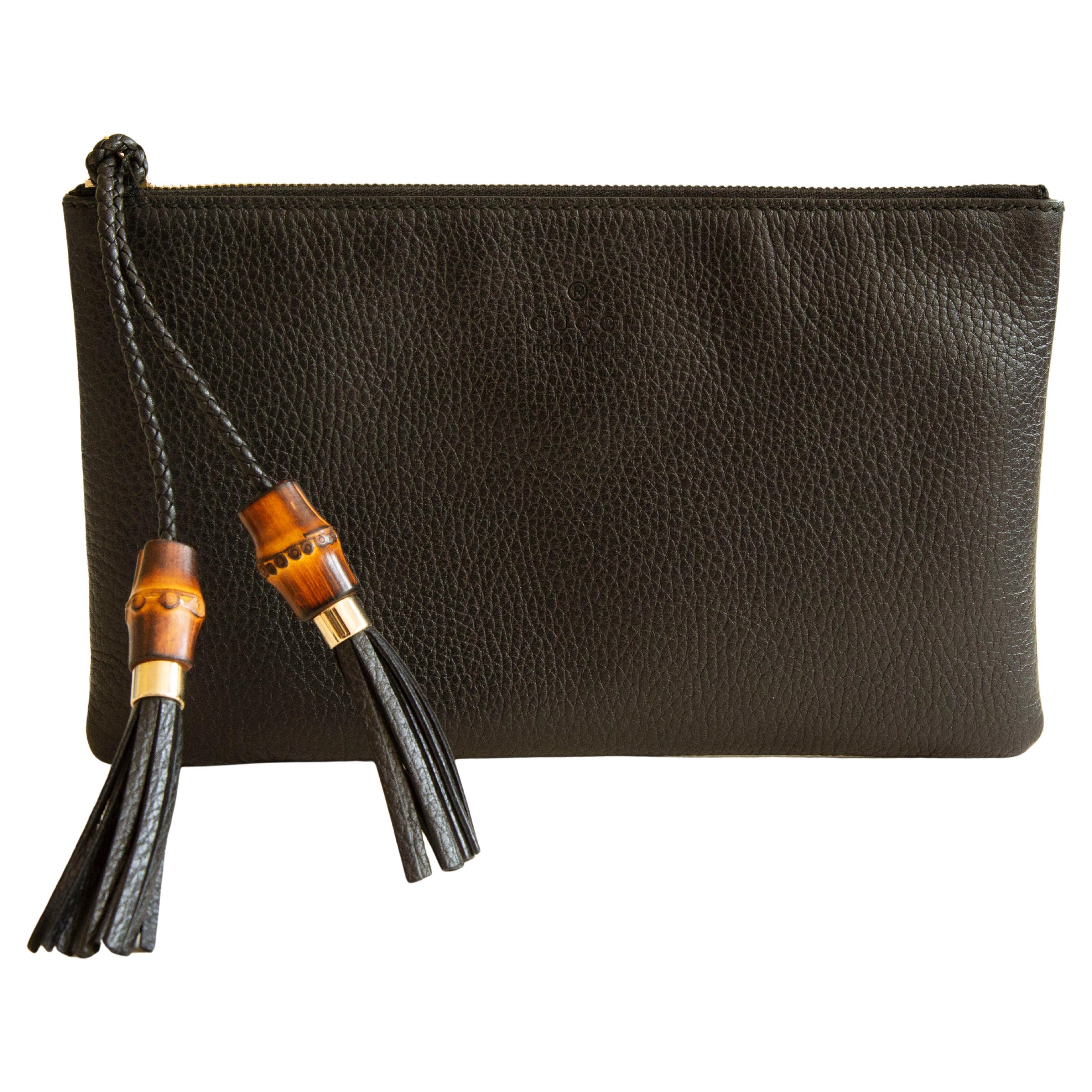 2000s Gucci Bamboo Black Leather Clutch For Sale