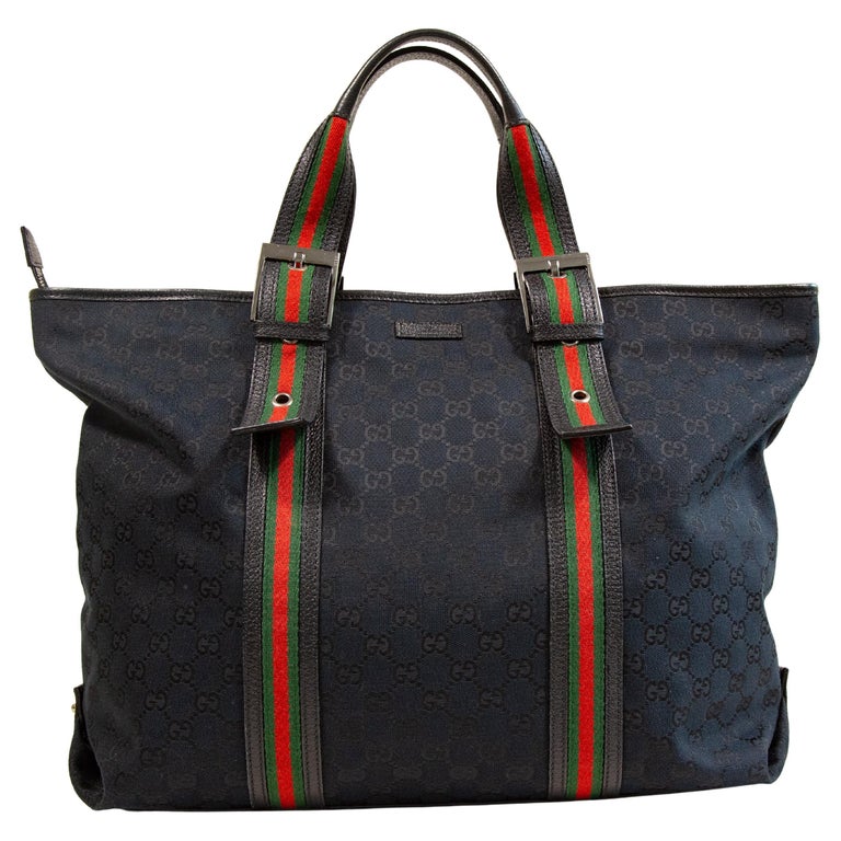 2000s Gucci Black GG Web Canvas Large Shoulder Tote Bag For Sale