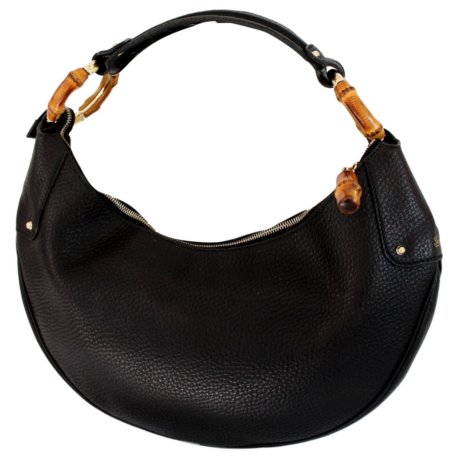 2000s Gucci Black Leather Bamboo Ring Half Moon Hobo Shoulder Bag