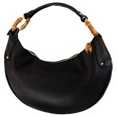 2000s Gucci Black Leather Bamboo Ring Half Moon Hobo Shoulder Bag