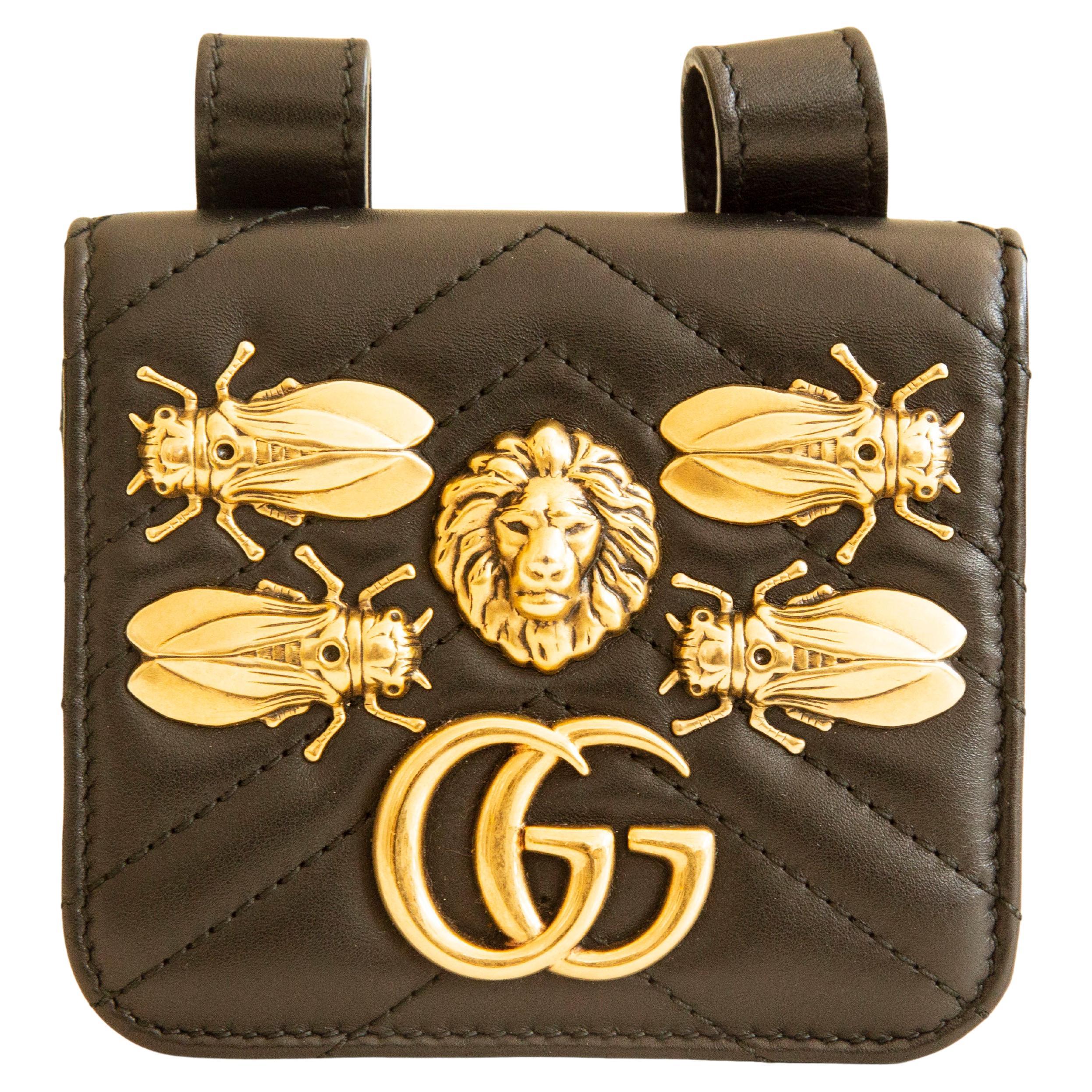 2000s Gucci Black Leather 'GG Marmont' Quilted Belt Pouch For Sale