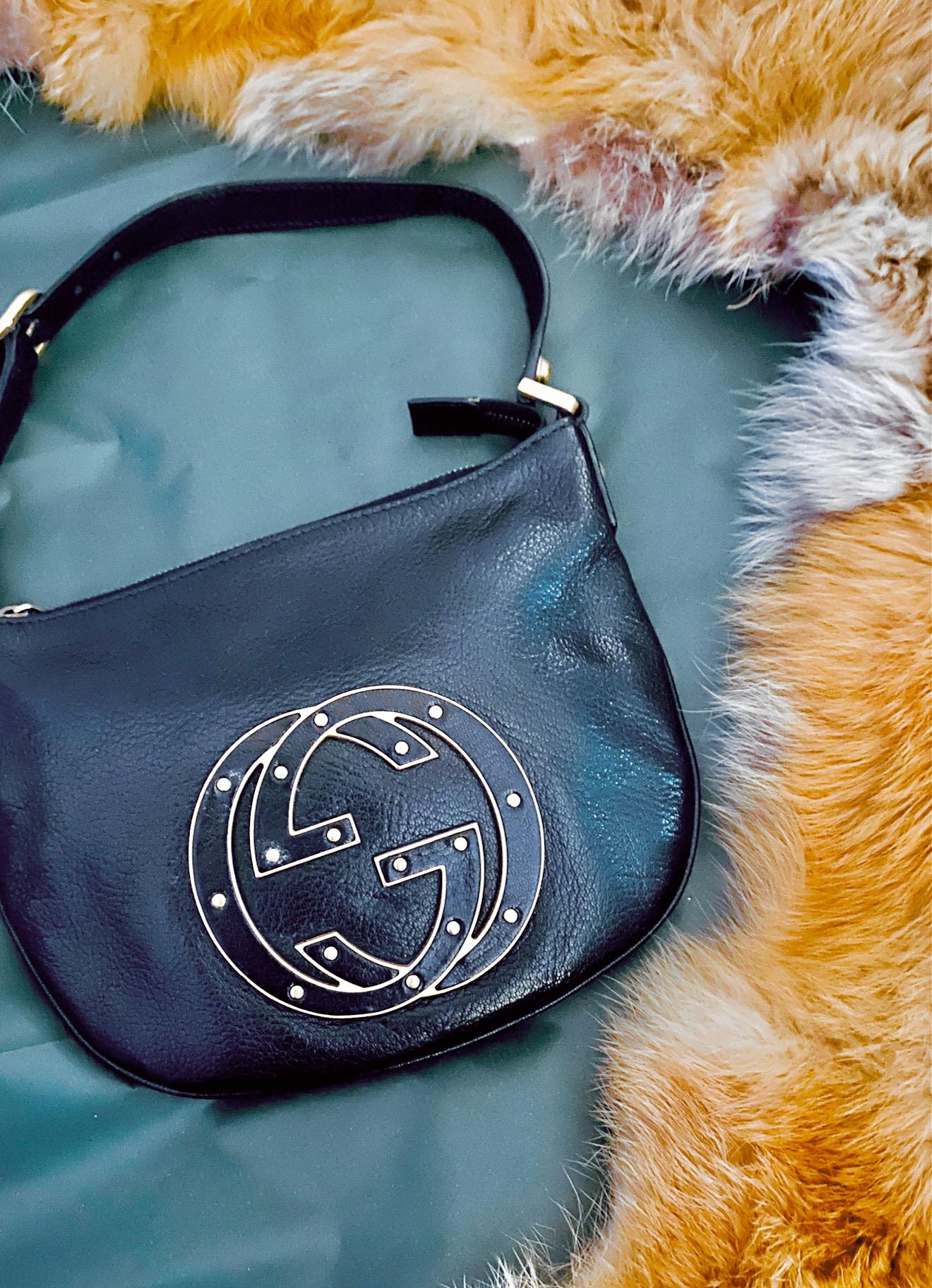 2000s Gucci Blondie Studded Small Hobo Bag in Black Leather 6