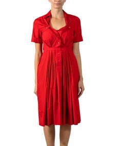2000S GUCCI Brick Red Cotton Pleated Shirt Dress With Pockets