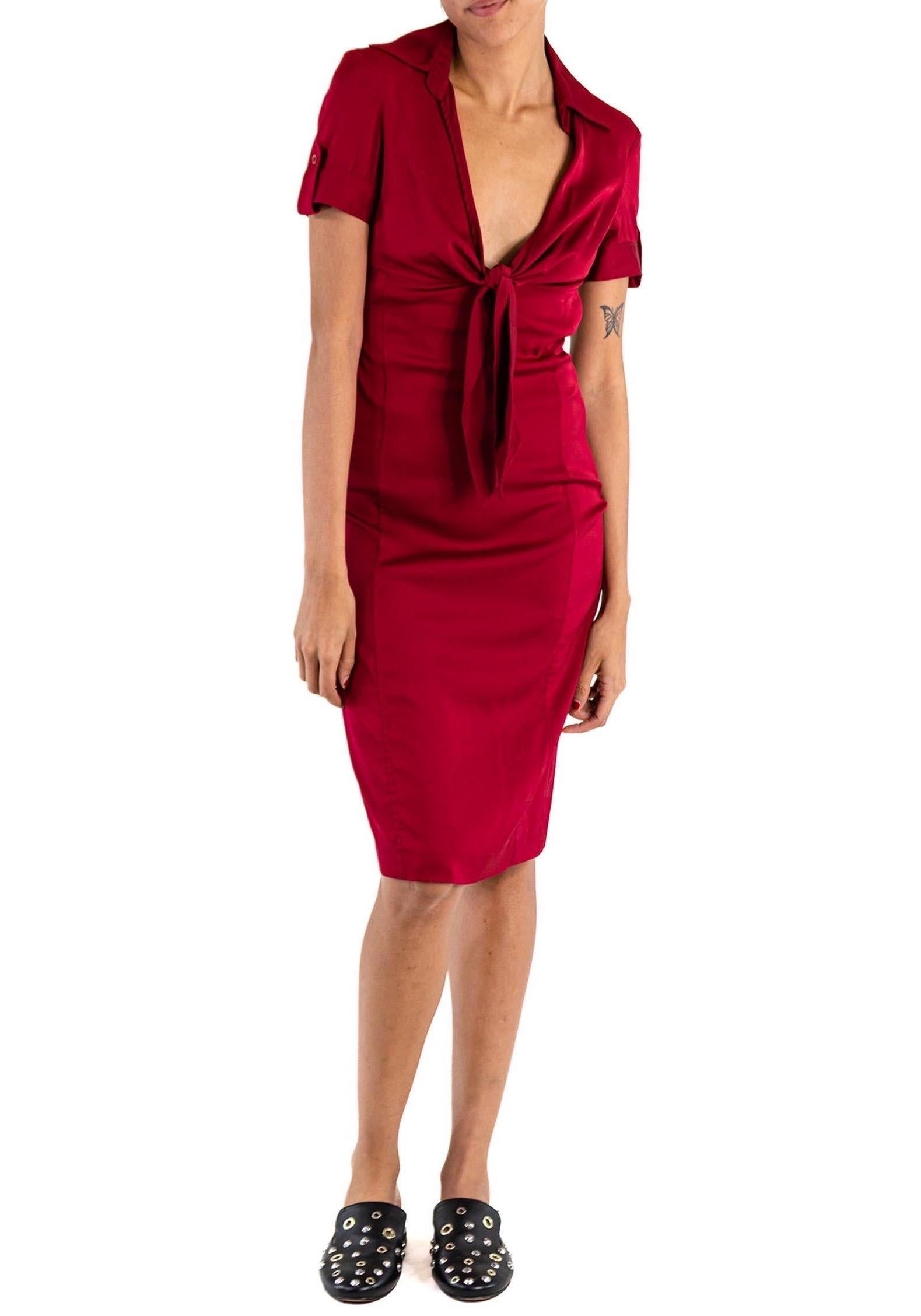 2000S GUCCI Burgundy Silk & Spandex Charmeuse Tie Front Dress For Sale 3