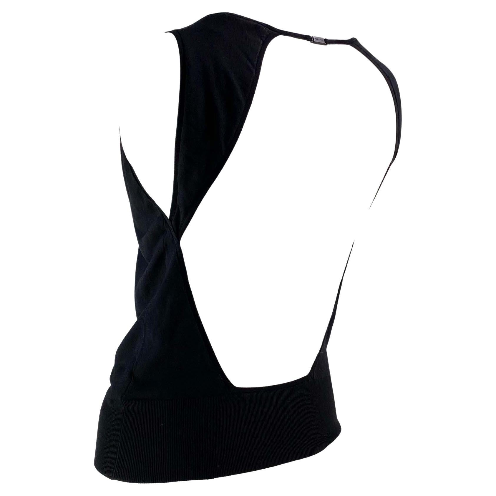 2000s Gucci by Tom Ford Backless Logo Clasp Black Knit Silk Tank Top