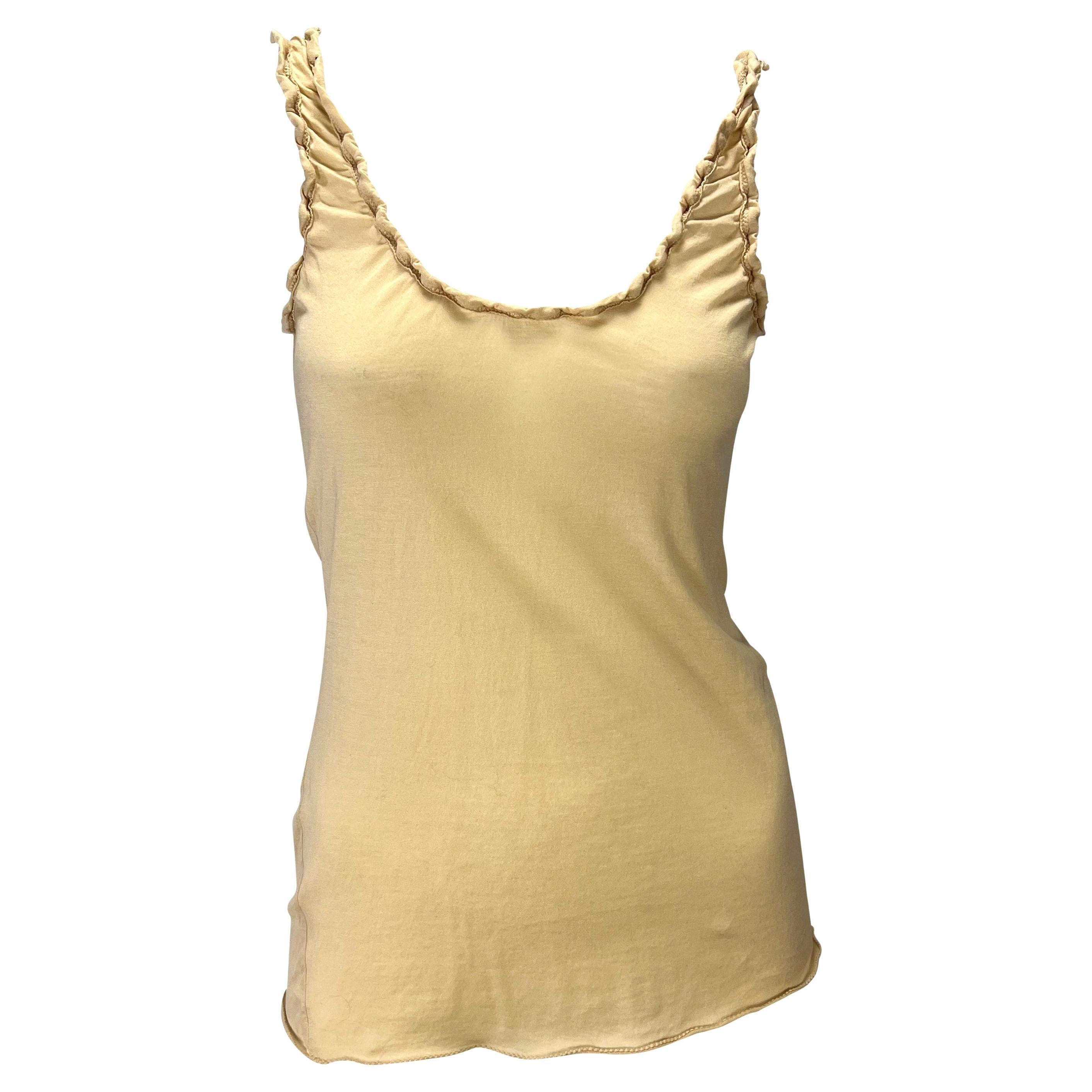 2000s Gucci by Tom Ford Beige Ruched Trim Stretch Cotton Tank Top Y2K For Sale
